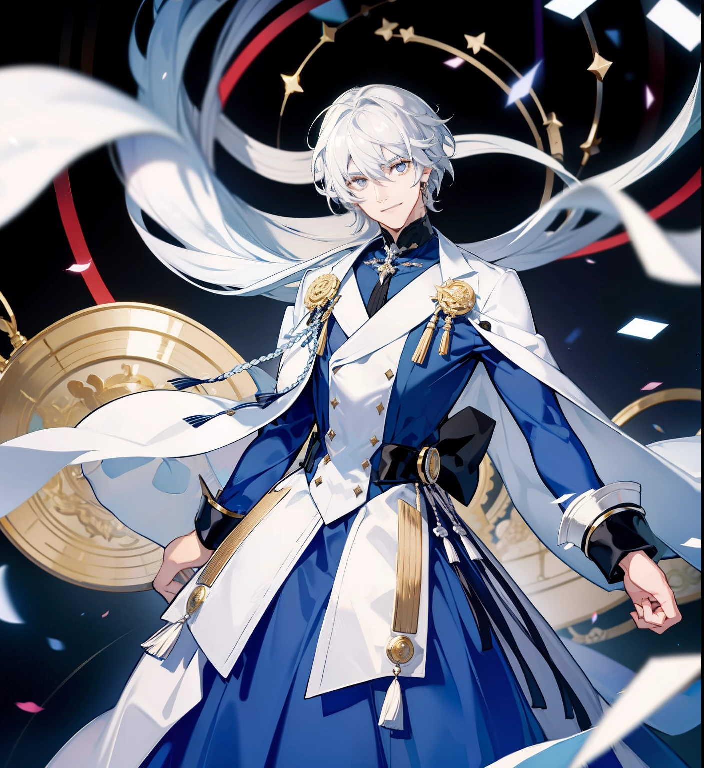 White hair，Silver Eyes，Smiling,Man , handsome