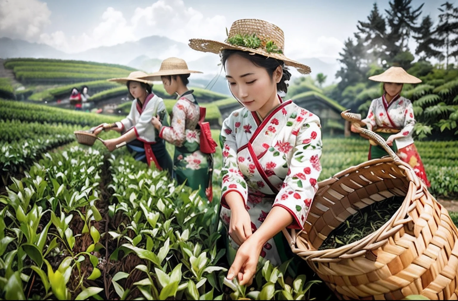 Aalfid woman picking tea leaves in a tea plantation, japan harvest, japanesse farmer, Chinese traditional, japan rural travel, Taiwan, assam tea garden setting, Background: assam tea garden, trending photo, sichuan, Hangzhou, Uptrend ,, traditional japanese, Green tea, jin shan, tending on arstation, mu pan, 💣 💥💣 💥, gardening