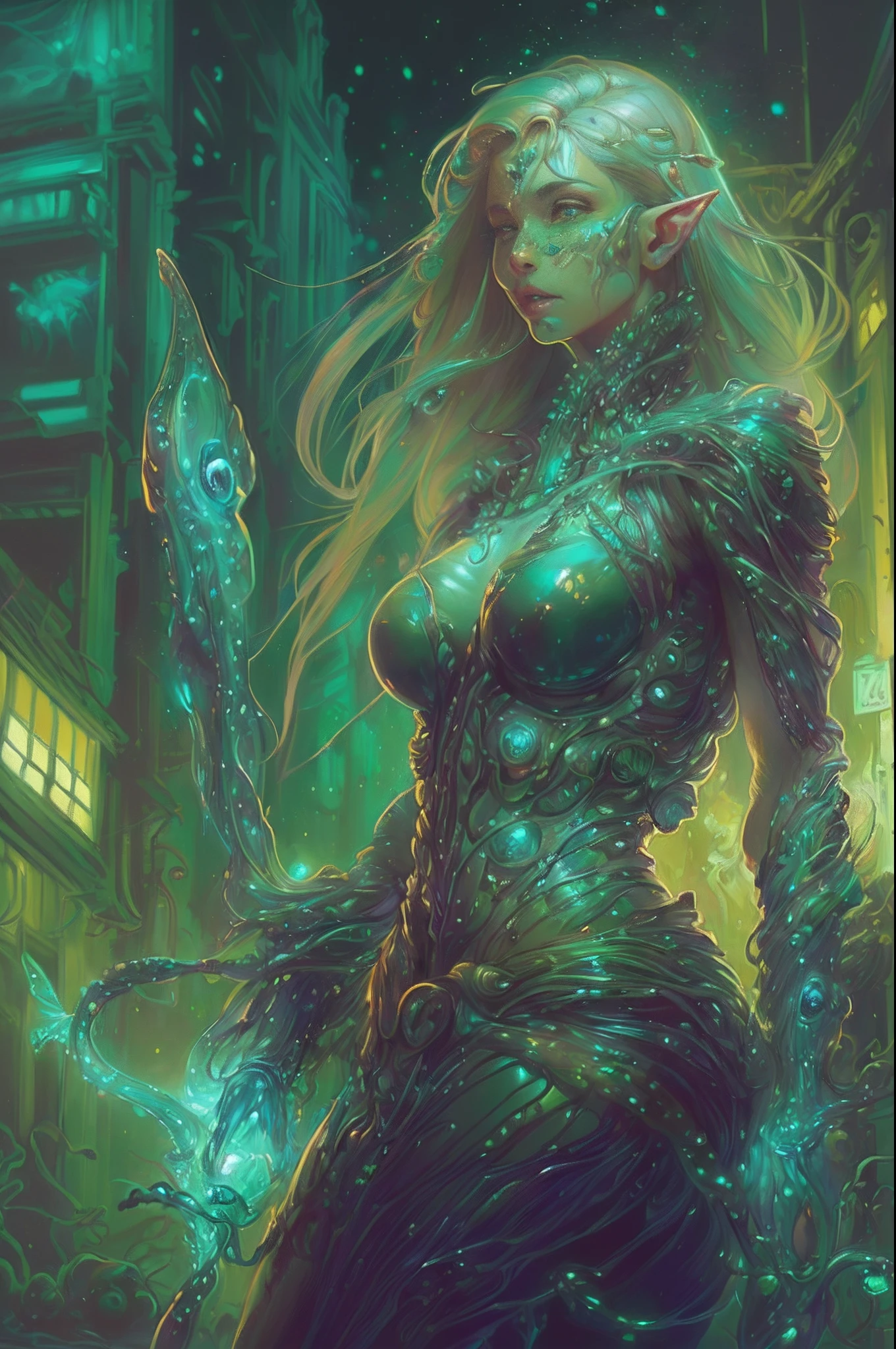 Amazing anatomy, (beautiful female Elf Biopunk), shiny skin, long shapeless hair, cowboy shot, dynamic pose, biopunk city background, (slimy, organic, glistening, ((bioluminescence)), (64k ultra hd:1.1), (art by apterus, art by dan mumford, art by lovecraft:1.2), best quality, cgsociety, trending on ArtStation.