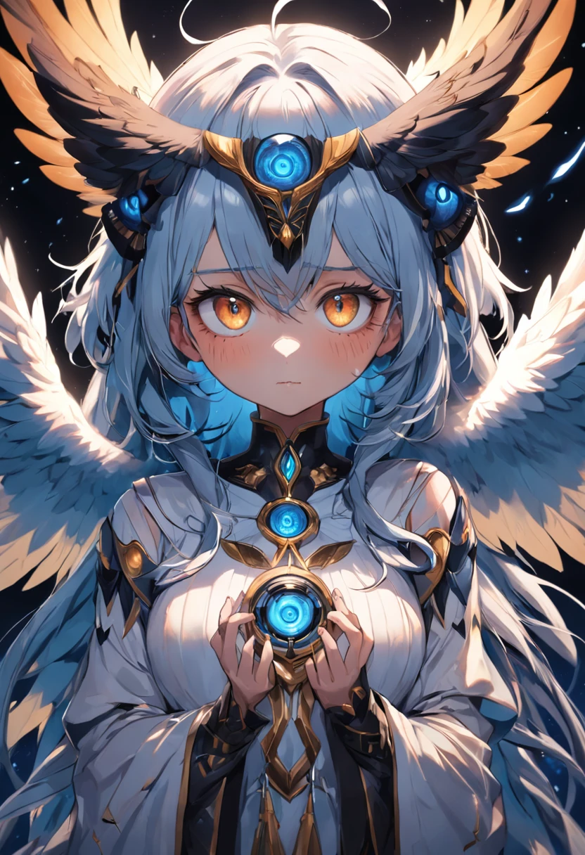 um close up de uma coruja com olhos azuis em um fundo preto, Coruja Radiante, criatura altamente detalhada, intrincado, coruja incandescente, the wisest of all owls, Grande arte digital com detalhes, coruja fofa com olhos grandes