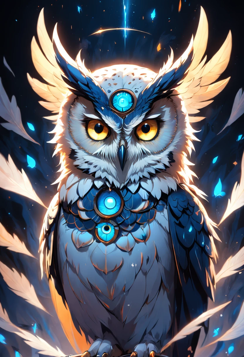 um close up de uma coruja com olhos azuis em um fundo preto, Coruja Radiante, criatura altamente detalhada, intrincado, coruja incandescente, the wisest of all owls, Grande arte digital com detalhes, coruja fofa com olhos grandes