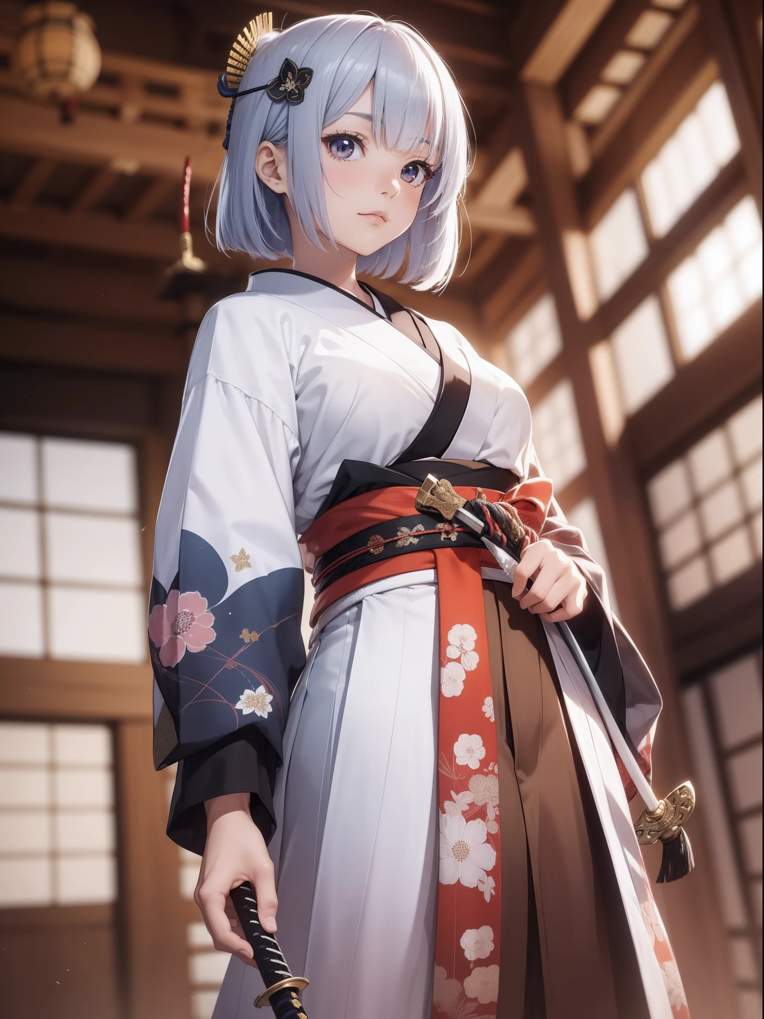 (masutepiece, Best Quality, Highly detailed, ultra-detailliert, High resolution, absurderes, 4K, 8K),1girl in,14years,Japanese,Small breasts,Short hair, Straight hair, Hakama, haori,Iai,Iai, Serious ,The upper part of the body,Dynamic Angle, (unsheathing),(Japanese Sword:1.3),Stance of swordsmanship,Guru's Realm,dojo,Quiet morning,the morning sun,detailed finger,Focused