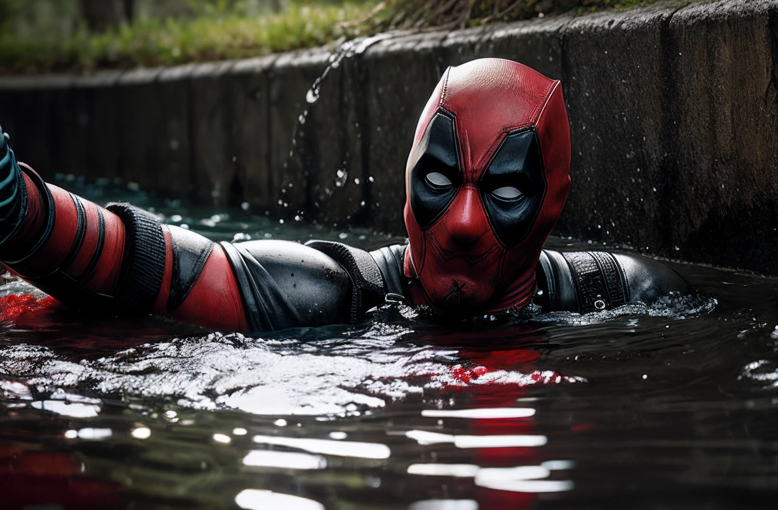 Dead pool, in a pool of scull’s, bloody water, realistic, concept art, 4k