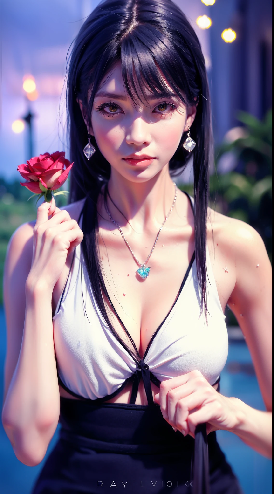Garden covered with red roses in the background, Silver hair, front ponytail, eyes reflection, red contact lenses, Pink eyes,Heterochromia, Wear earrings, Blue crystal pendant,Evil smile, shairband,High detail, romanticism lain, Depth of field, Sparkle, Ray tracing, viewfinder, zoom layer, Close-up, Bokeh, Anatomically correct, High details, 1080p, Ultra HD
Woman,High ponytail,a sailor suit,Half out of the water,Get wet,Clothing water pattern detail,The expression is solemn,holding knives,Shiny blade detail depiction,reflective light,
Gorgeous and delicate glowing little butterfly hair ornament,brilliant colorful,Fine engraving,Shine brightly,The attention to detail,The jewelry is of high quality,Extremely high image quality