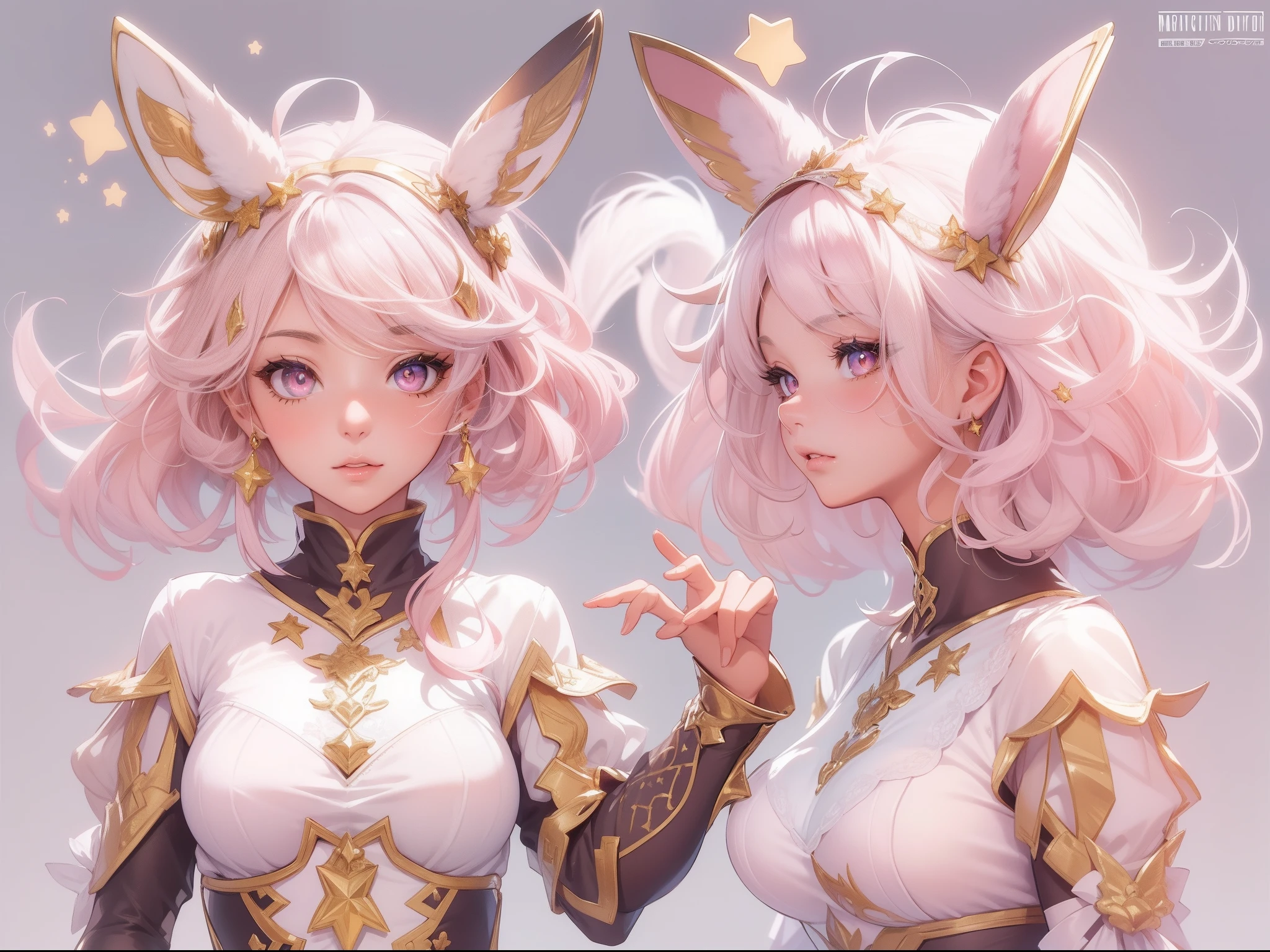 ((Masterpiece, Highest quality)), Detailed face,CharacterDesignSheet, full bodyesbian, Full of details, Multiple poses and expressions, Highly detailed, Depth, Many parts,A pretty maiden,dual horsetail,Gradient hair color,Star decoration,Wearing a bunny costume,White panty hose,Light pink pupils,epic exquisite character art, Amazing characters,Hairy clouds