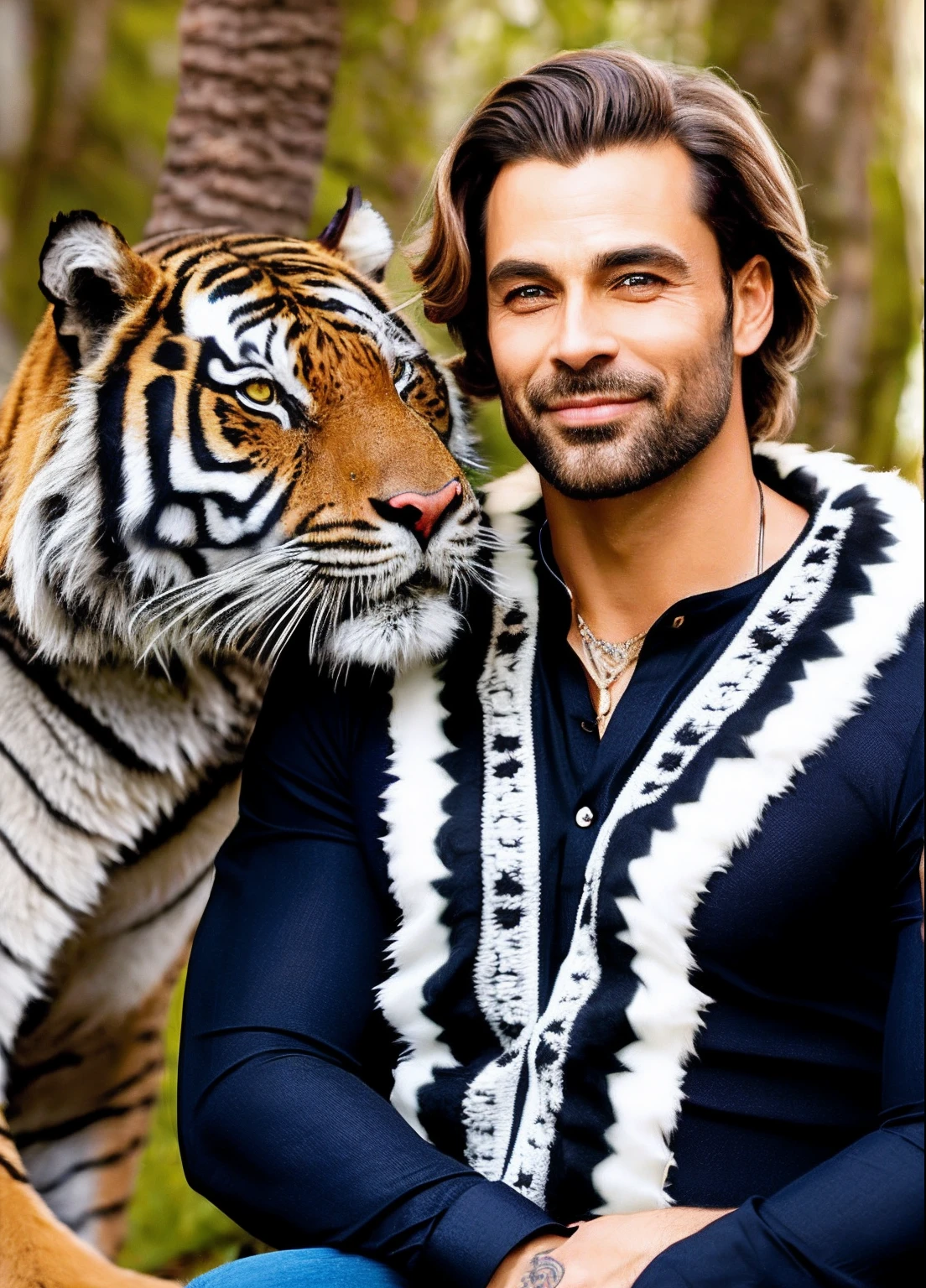 um close up de um homem em um traje com um tigre, Dazzling Nordic princess, homem lindo, pele clara deus masculino do amor, , Reia da Selva, bela arte digital, Princepe nórdic