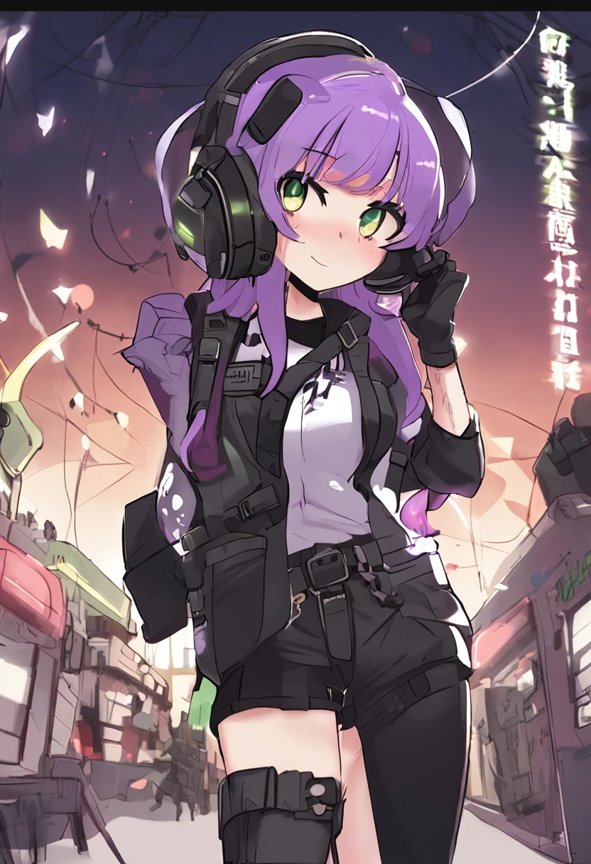 bulletproof vest,War bulletproof vest,tactical vest,Monitor headphones,Cute double ponytail,Purple colored hair,Christmas reindeer headdress,Green eyes,black greatcoat,Small backpack for both shoulders,medical mask,Black pantyhose,beachside,the setting sun
