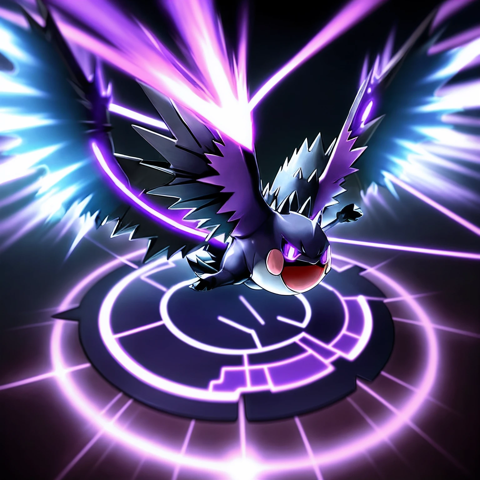 CREATE A POKEMON THAT IS A CIRCLE FORM AND HAS BIG MADE BY THUNDER WINGS, IT HAS EYES LIKE A GASTLY BUT RIPPED AT THE END, THIS POKEMON HAS A PURPLE FLASH AURA. IT DOES NOT HAVE LEGS, NOT HANDS, NOT ARMS, NOT MOUTH, NOT TAIL OR FINGERS. IT IS MOSTLY DARK PURPLE. IT IS FLYING AND IT DOES NOT HAVE SPIKES