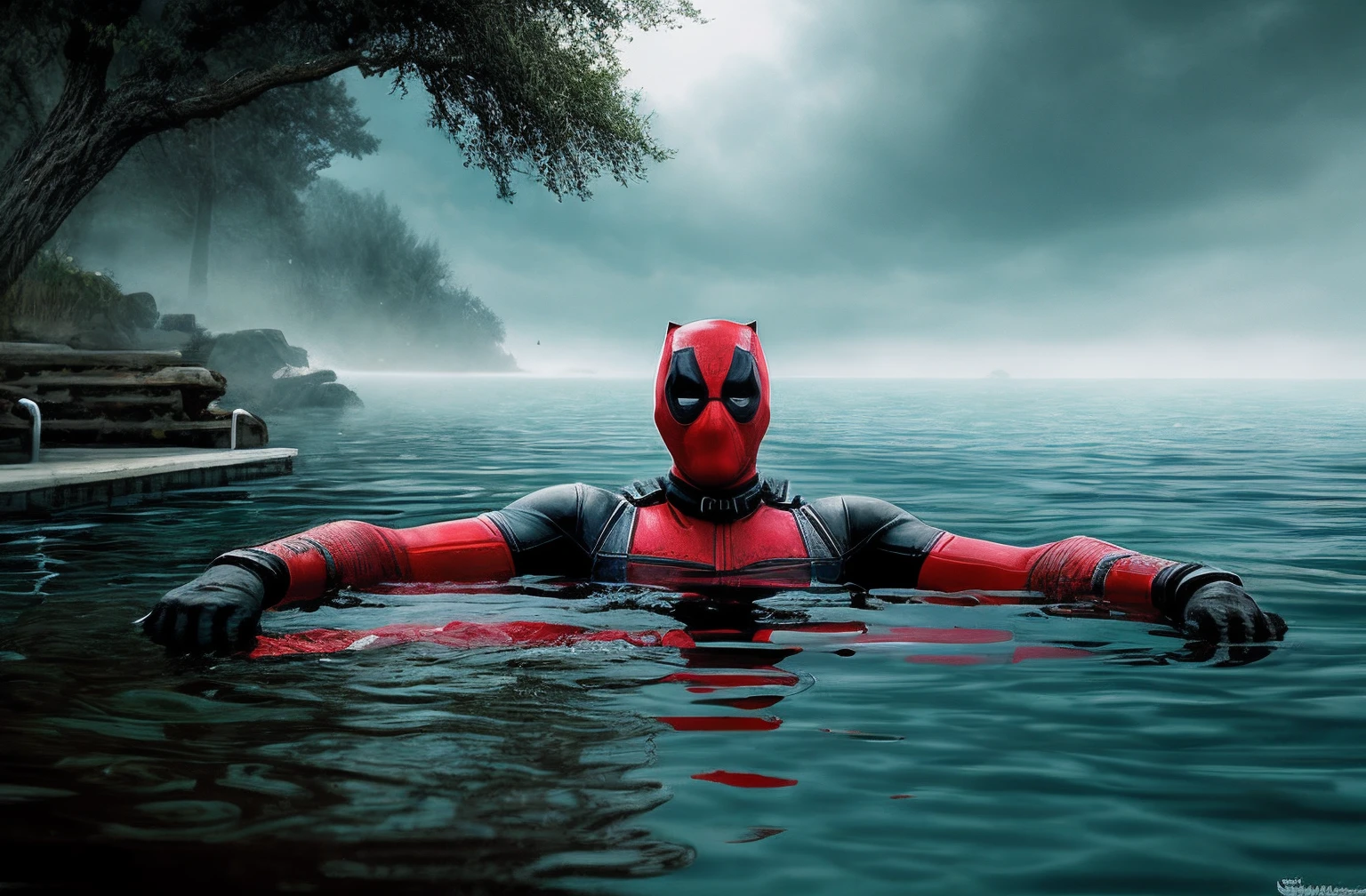Dead pool, in a pool of scull’s, sculls, scull, blood, bloody water, realistic, concept art, 4k
