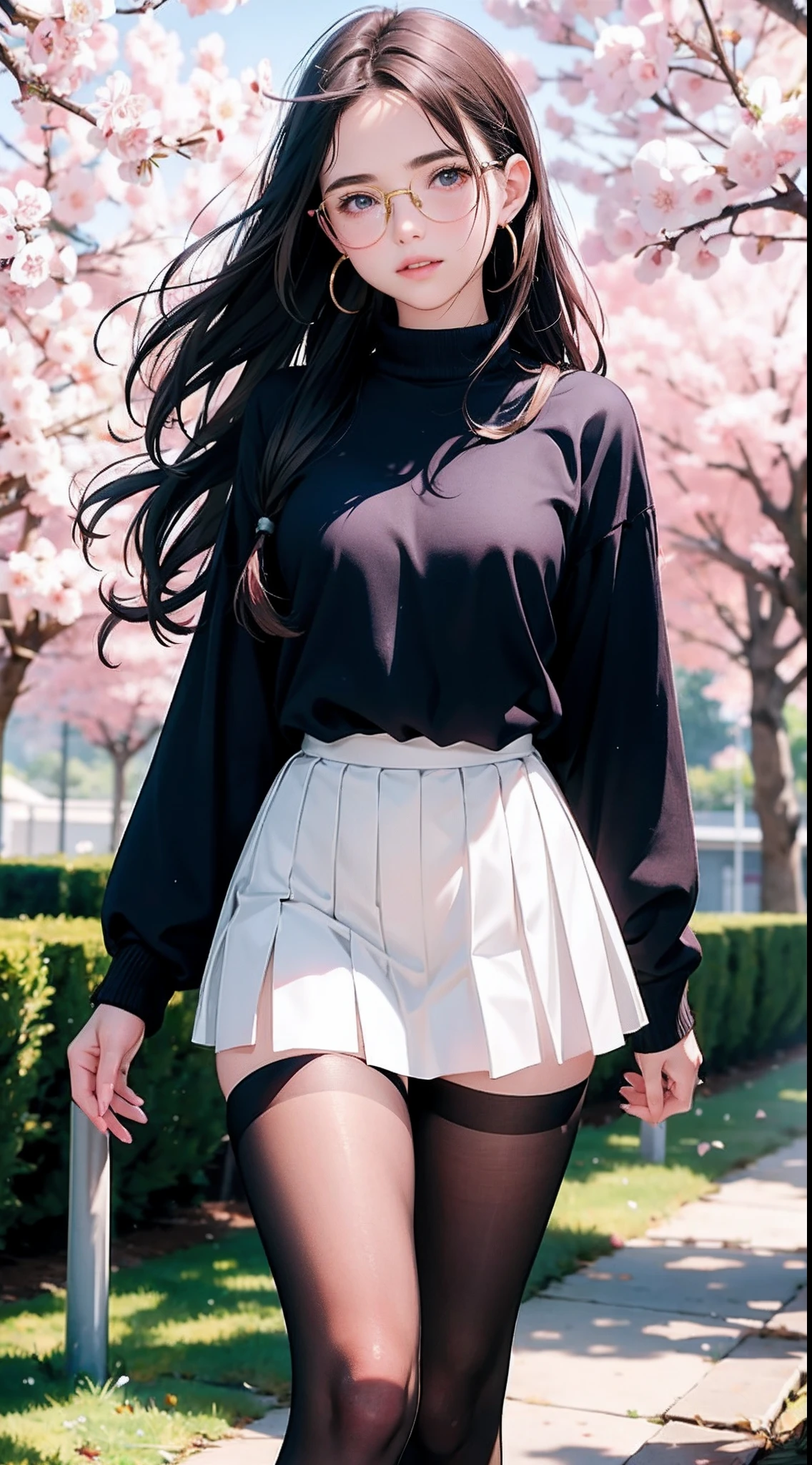 Beautiful young Margaret Qualley, 14 years old, very white skin tone, prescription glasses, Big earrings, small tits, bare breasts, pleated skirt, dark tights, midday sun, hyperrealistic, Model's body, breasts small, beautiful breasts, long hair, wavy hair, Red ends of hair, long legs, 8k, 超High resolution, best quality, On Frozen Mountain, RAW portrait, photorealistic, cherry blossom, ambient lighting, detailed shadows , focus of the camera on thighs, cute pose, strong wind, light fog