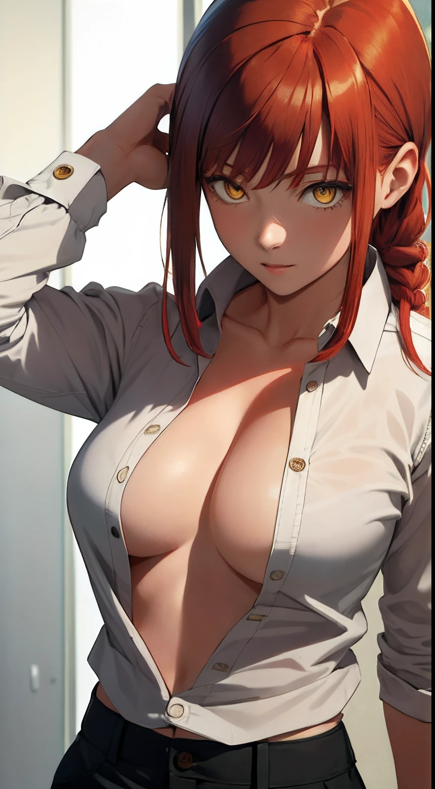 (masterpiece, best quality:1.2), solo, 1girl, red hair, yellow eyes, makima,, unbuttoned shirt with collar, on the chest, a lot of, black unbuttoned pants, wide hips, expose body, fitness