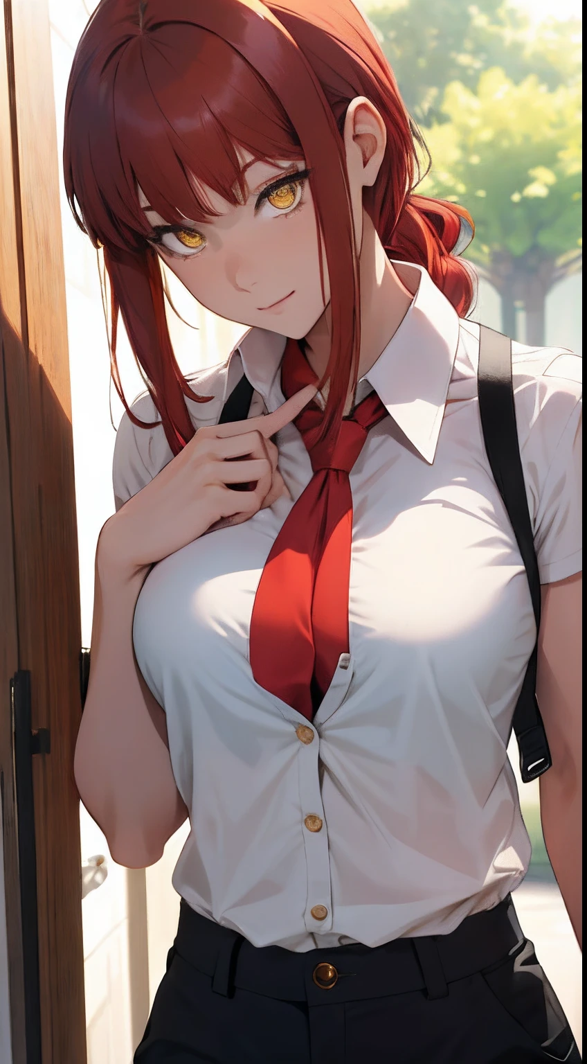 (masterpiece, best quality:1.2), solo, 1girl, red hair, yellow eyes, makima,, unbuttoned shirt with collar, on the chest, a lot of, black unbuttoned pants, wide hips, expose body, fitness