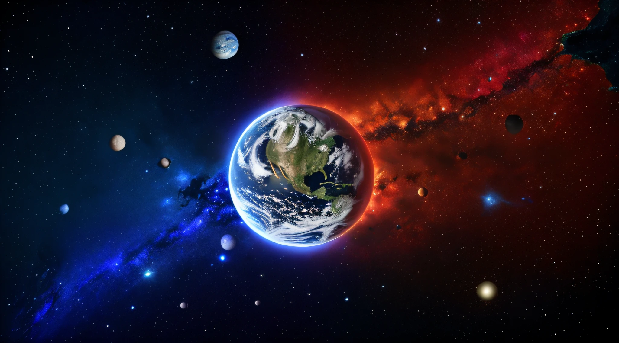 Exoplanet looks like earth, colouful aura spreading in staright lines