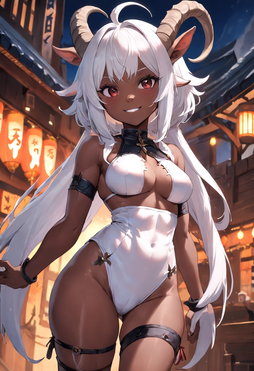 fantasy tavern background, 1girl, (dark skin) trap, illustration, wallpaper (flat chest:1.2) (large ass:1.3) (short person:1.2) (holding daggers in hands:1.3) (large crotch bulge:1.35) (shoulder-length white hair:1.5), goat horns, goat ears (loli:1.3) highly detailed, 4k, 8k, ultra-detailed face, best quality face, friendly smile, croptop, exposed stomach, thigh-highs, thong, adventurer