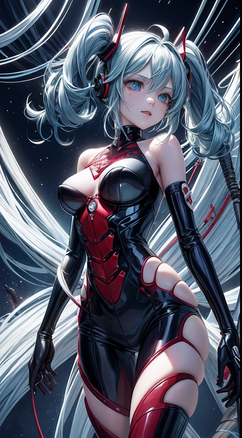 (((tmasterpiece))), ((best qualtiy)), (super detailing), (CG illustration), (Very evil and beautiful)), cinematric light, ((1 Mechanical Girl)), slips, (Mechanical art: 1.4), ((Mechanical limb)), (Blood vessel attached to tube), ((The mechanical spine is attached to the back)), ((The mechanical cervical vertebrae are attached to the neck), (facing away from the audience)), face expressionless, ( wires and cables attached to head and body: 1.5), scientific fiction, apocalytic, 废墟, (lower body integrated with mechanical devices), (bloods: 1.5), brutality, hoang lap, , fusion with machines, Doomsday time, Super Future, inorganic, Lab Room, restraind, (Beautiful indulgence: 1.2), (1 rapariga: 1.3), body wrapped around mechanical tentacles,Big breasts Hatsune Miku,dual horsetail,skyblue hair,Green eyes