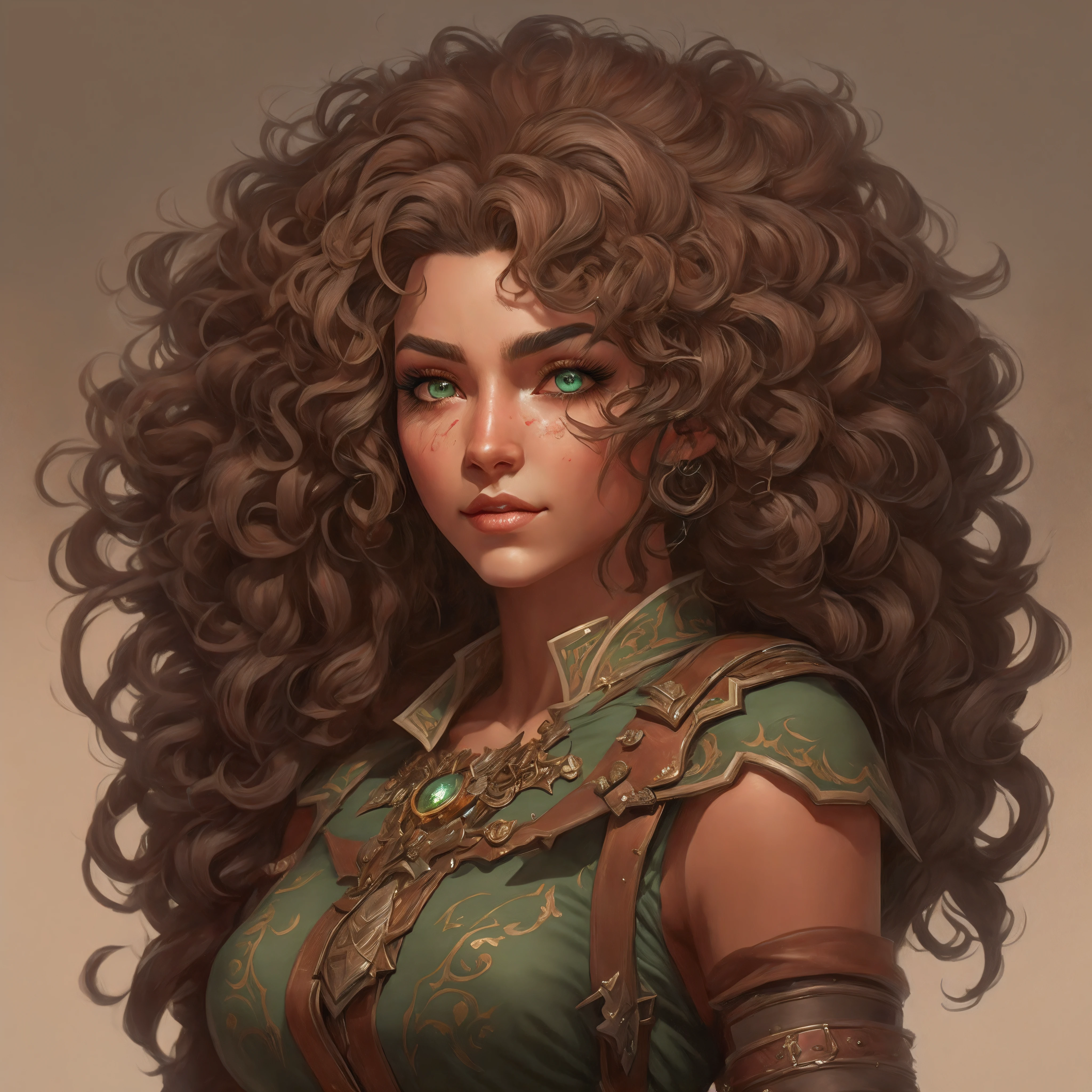 um close up de uma mulher com um longo cabelo cacheado, retrato de arte conceito de fantasia, arte de personagem impressionante, retrato do personagem da fantasia, epic exquisite character art, dnd retrato da arte do caractere, retrato do characture da fantasia, retrato de fantasia fosco detalhado, pintura de personagem bonita, retrato da arte do personagem, arte do retrato do personagem, retrato detalhado do caractere, Alexandra Fomina Artstation, arte do retrato da fantasia, retrato da arte da fantasia, tatuagens na pele exposta, sardas no rosto, sorisso
