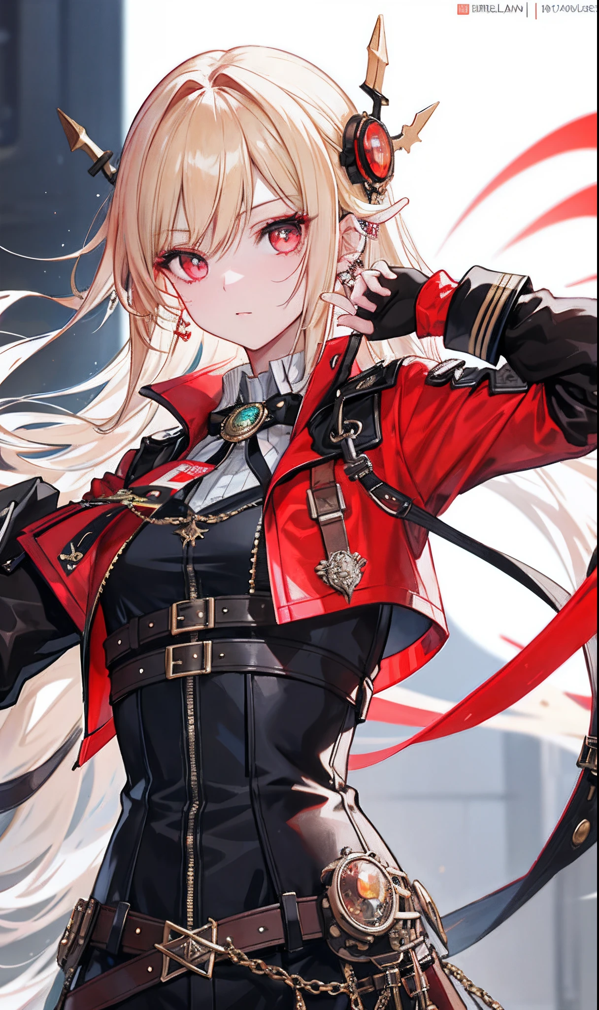 （tmasterpiece，Sideslit，Beautiful eyes：1.2），（tmasterpiece*sportrait），sportrait，busts，（busts），Lifelike，Anatomical correct，3D脸，luscious skin，（Solo），Blonde hair and pickaxe dyeing，Gradient hair，（closeup of face），Lovely face，（Fire opal-like scarlet eyes），Hanging eye corners，（（highdetailskin，Visible pores）），（Perfect body），Beautiful steampunk girl，little breast，（（Women's extra short shawl leather jacket）），（（school_uniform）），（ear studs），（Neck strap），very short gloves，（chain），（Laser material clothing：1.2）