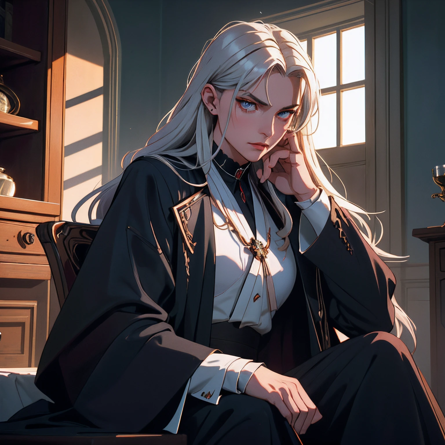 Alucard, with piercing crimson eyes (intensity:1.3), cheveux blonds, se tient haut et imposant dans un manteau noir sur mesure (hardware: laine fine) who gracefully cascades to his knees. Her silver hair (brightness:1.1) flows like liquid mercury, contrasting with her pale porcelain-like skin (ton:1.2). A dark aura surrounds it, accentuating his enigmatic expression (humeur: mystery) which alludes to unspeakable secrets. Ambient lighting (natural light: coucher de soleil) jette des ombres intrigantes sur ses traits tranchants, highlighting its strong jaw and aristocratic nose. in background, une architecture gothique vintage (style:1) adds a sense of antiquity, Improve the mysterious appeal of the photo. Un angle non conventionnel (perspective: dramatique) capture Alucard dans une pose contemplative (pose:1) with his gloved hand resting on the handle of a finely crafted katana (objet:1.1), more reflective of his complex personality,