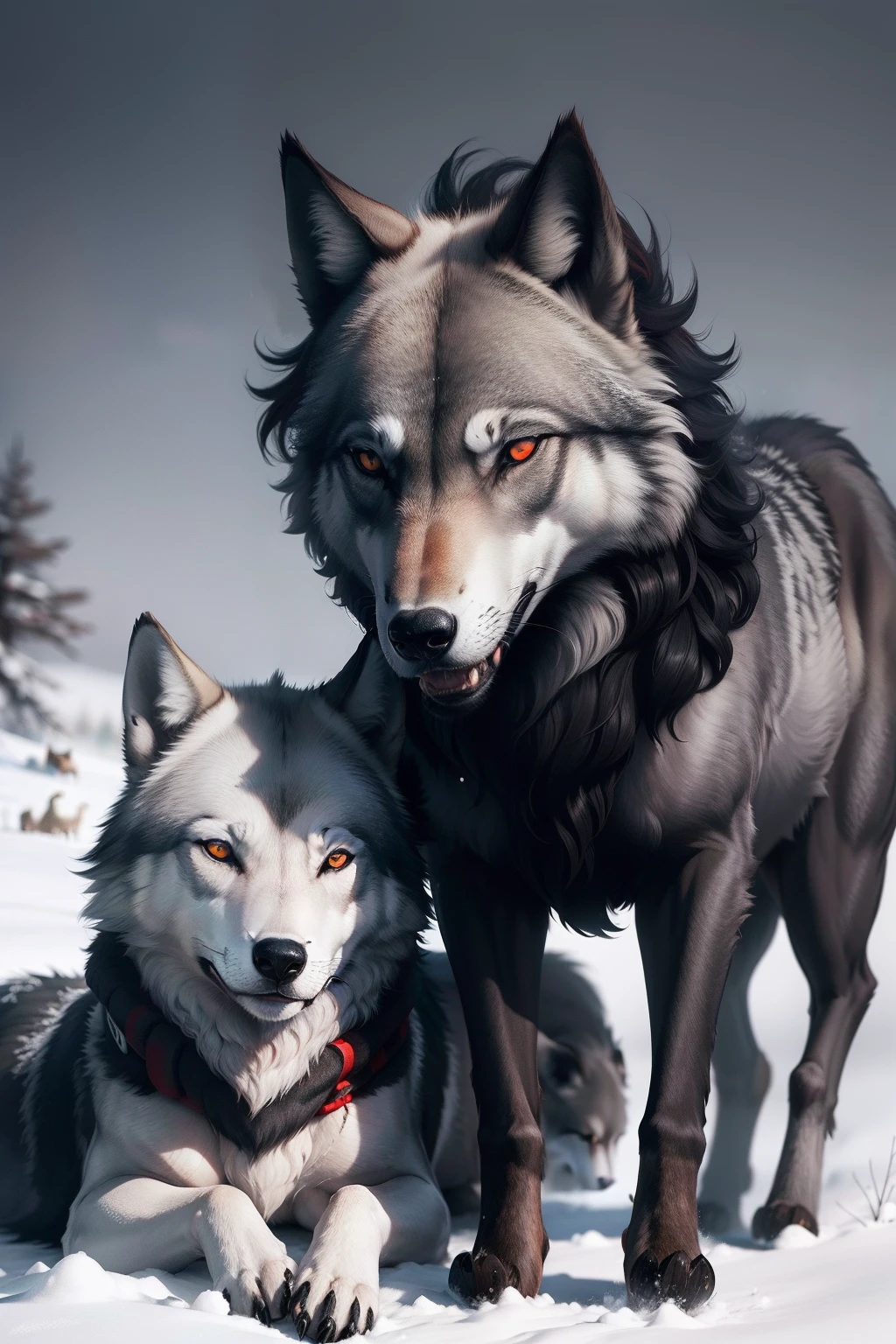 Image of a gray wolf with red eyes with a lamb coat next to a black wolf in the snow at night looking forward with red eyes of a predator