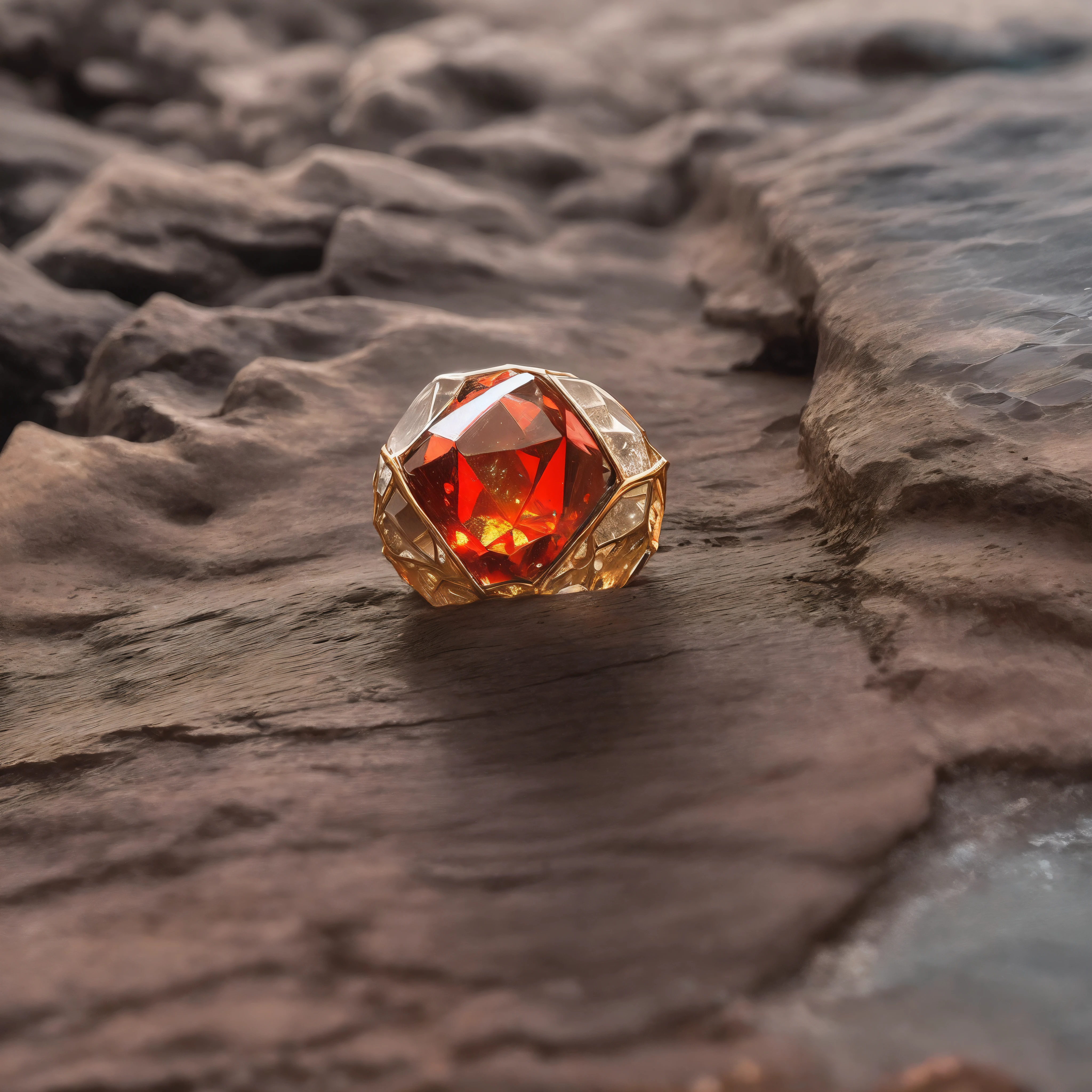Um anel bem bonito e realista, cheio de gravuras, feito de ouro, com pedras vermelhas brilhantes, fantasia, alta qualidade, something mystical and unique, it's on a woman's finger