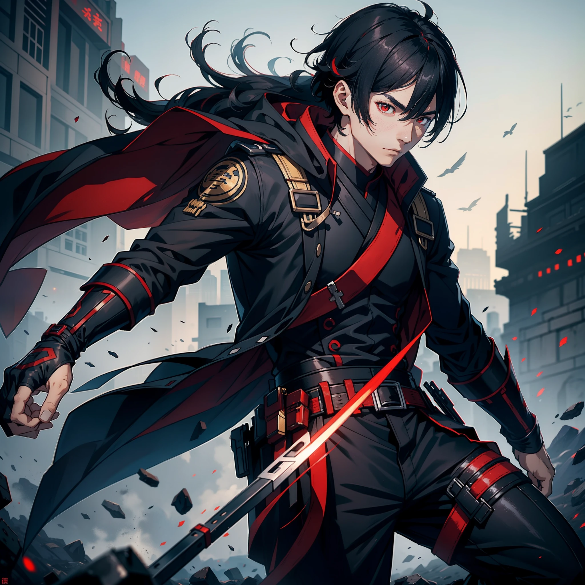 A man in his 20s, on the battlefield, red eyes, short black hair, qiyuxuanang, 8k, high quality, high resolution