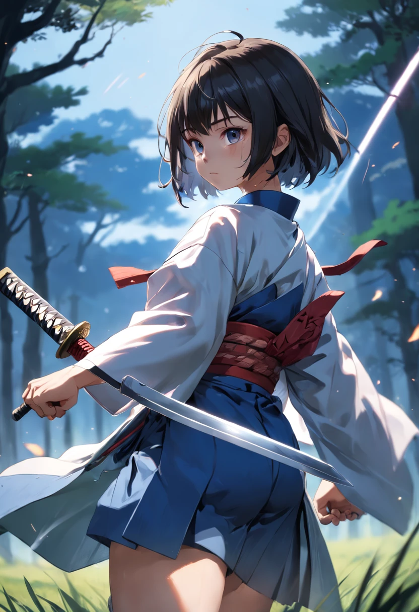 (masutepiece, Best Quality, Highly detailed, ultra-detailliert, High resolution, absurderes, 4K, 8K),1girl in,Japanese,Short hair, Straight hair, Hakama, haori,Iai,Iai, Serious ,The upper part of the body,Dynamic Angle, (unsheathing),(Japanese Sword:1.3),Stance of swordsmanship,Guru's Realm,battle field,Scene of the decisive battle,Swinging a sword,Detailed finger,Focused,grass field,moonlights,A detailed eye,Beautiful eyes,Spread and hold your legs,Detailed legs,Hachimaki,Holding the sword with both hands