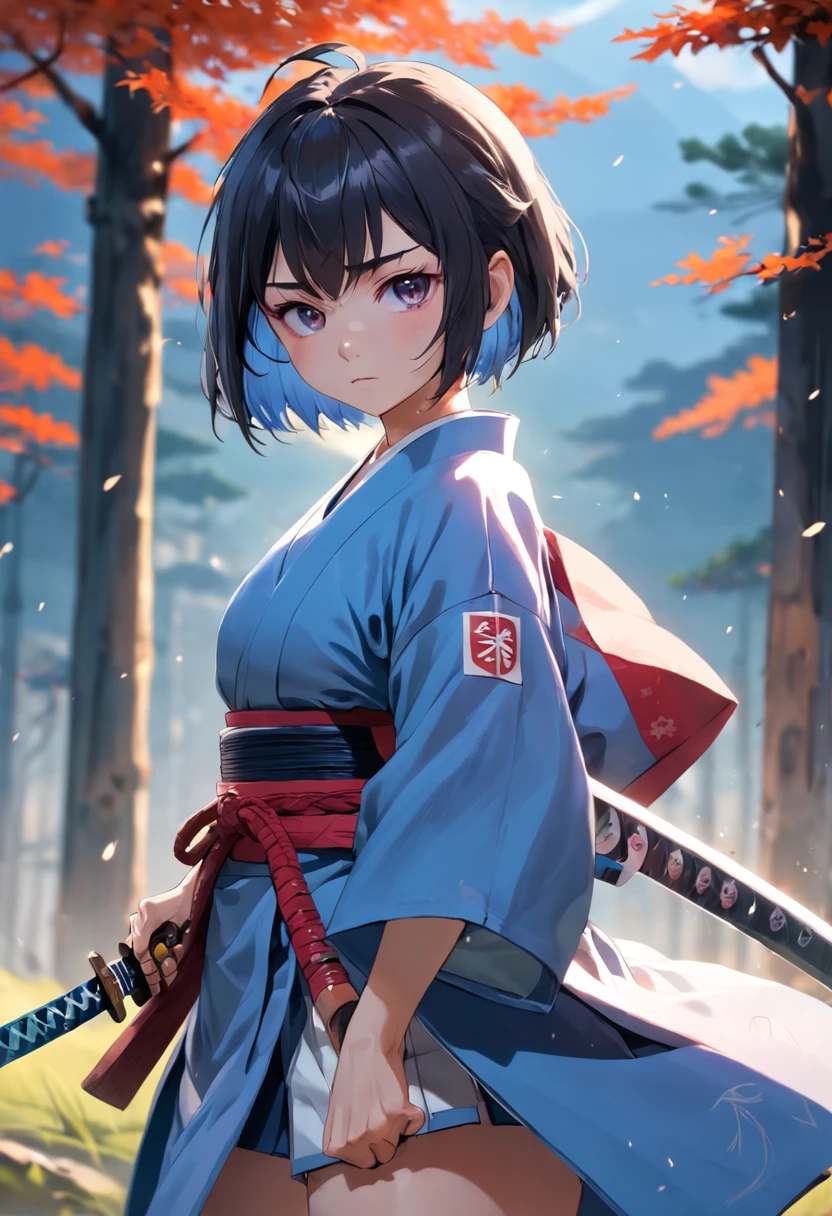 (masutepiece, Best Quality, Highly detailed, ultra-detailliert, High resolution, absurderes, 4K, 8K),1girl in,Japanese,Short hair, Straight hair, Hakama, haori,Iai,Iai, Serious ,The upper part of the body,Dynamic Angle, (unsheathing),(Japanese Sword:1.3),Stance of swordsmanship,Guru's Realm,battle field,Scene of the decisive battle,Swinging a sword,Detailed finger,Focused,grass field,moonlights,A detailed eye,Beautiful eyes,Spread and hold your legs,Detailed legs,Hachimaki,Holding the sword with both hands