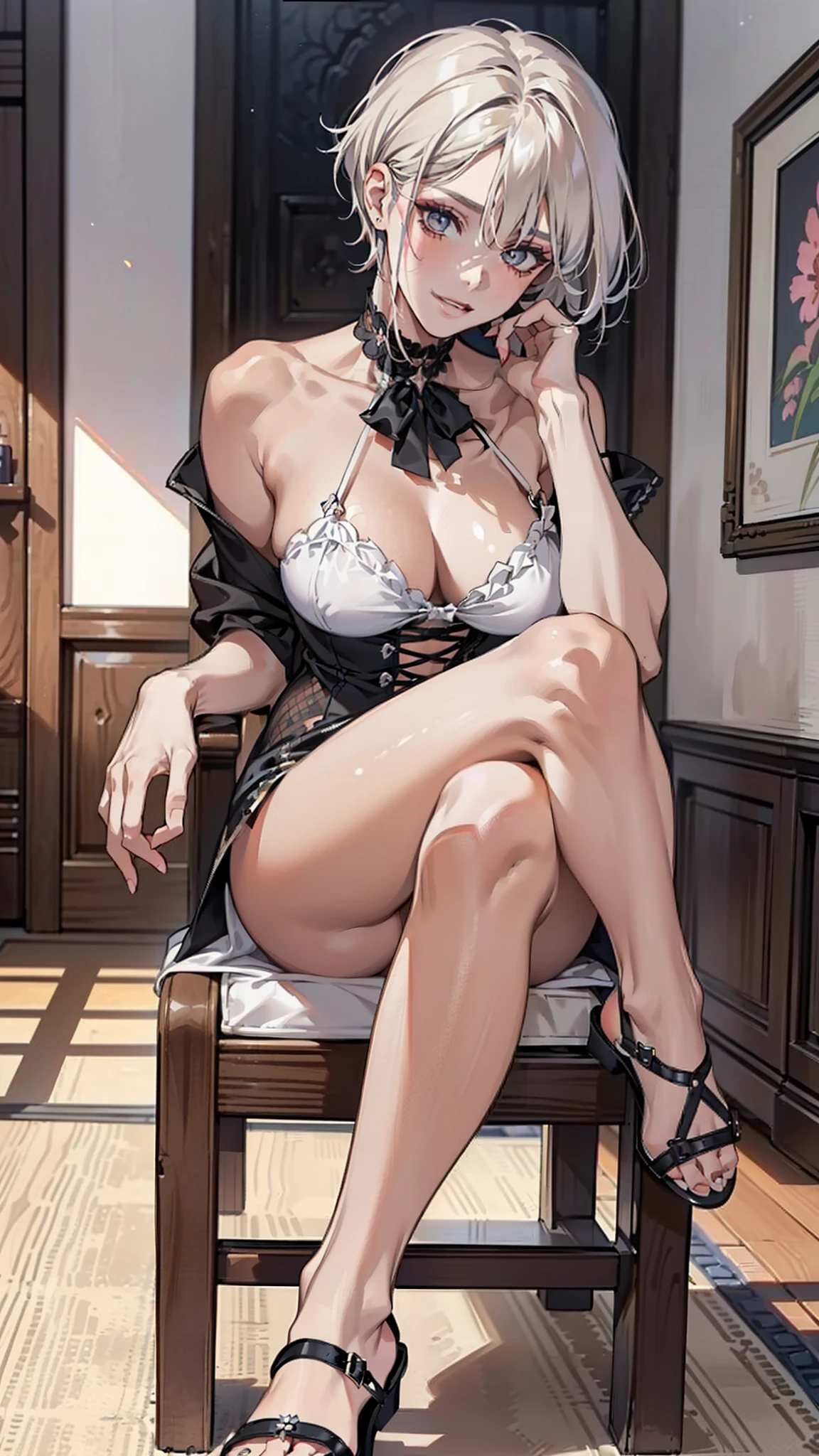 (((Coquettish middle-aged woman 1.2))),
(((Slim and slim body1.2))),
(((Obscene smile 1.2))),(((Frivolous expression 1.2))),hand behind head,Expose the armpits,(((Feet on the table1.2))),sit on chair,(((Short hair 1.2))),Peach blossom eyes,Smoky makeup,
(((Heavy makeup 1.2))),(((Charming 1.2))),(((Coquettish debauchery 1.2)))(((Sandals 1.2)))