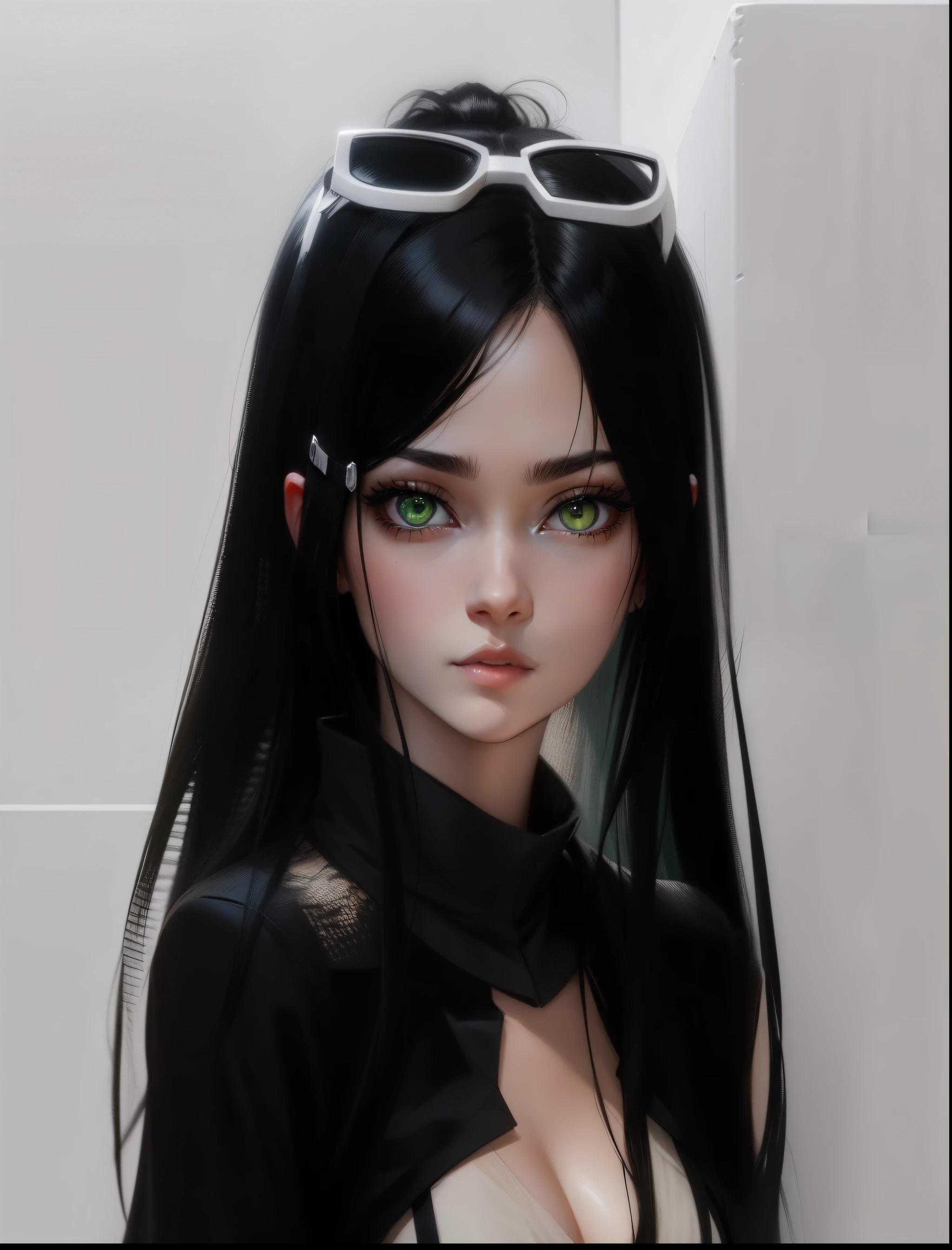 Realistic anime style straight black hair long green eyes lips black blouse