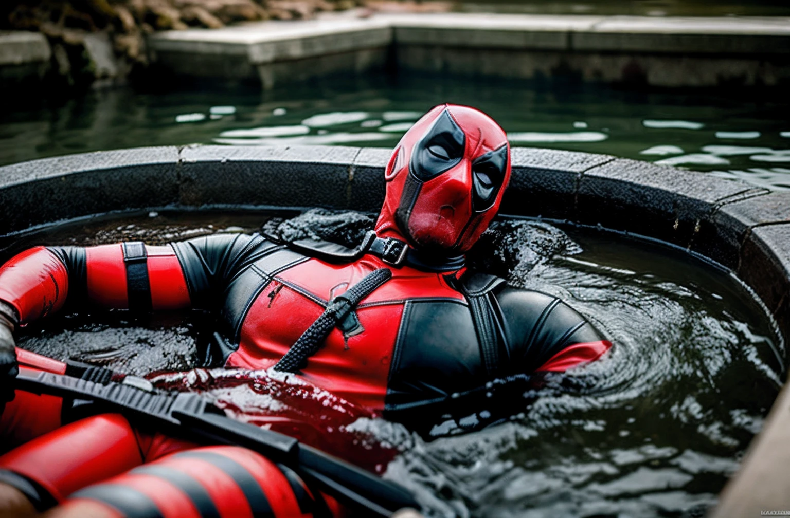 Dead pool, dead in a pool of scull’s, sculls, scull, blood, bloody water, realistic, concept art, 4k