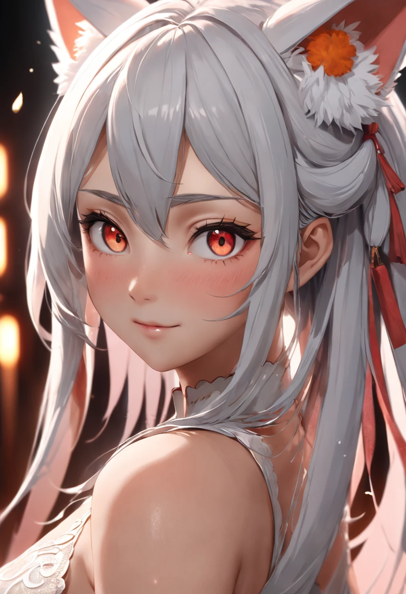 kitsune the japan, black woman on the right side, extremely detailed eyes and face, beautiful detailed nose, beautiful detailed eyes, light on face, looking at viewer, (1 female, mature face), realistic face, full lips, captivating smile, realistic body, (RAW photo, best quality), (realistic, photorealistic: 1.3), masterpiece, extremely beautiful, extremely detailed, CG, unity, 4k wallpaper, amazing, fine details, extremely detailed 8k CG unity wallpaper, size huge archival, ultra-detailed, high resolution, absurdities, soft light, wet dress, big round ass,