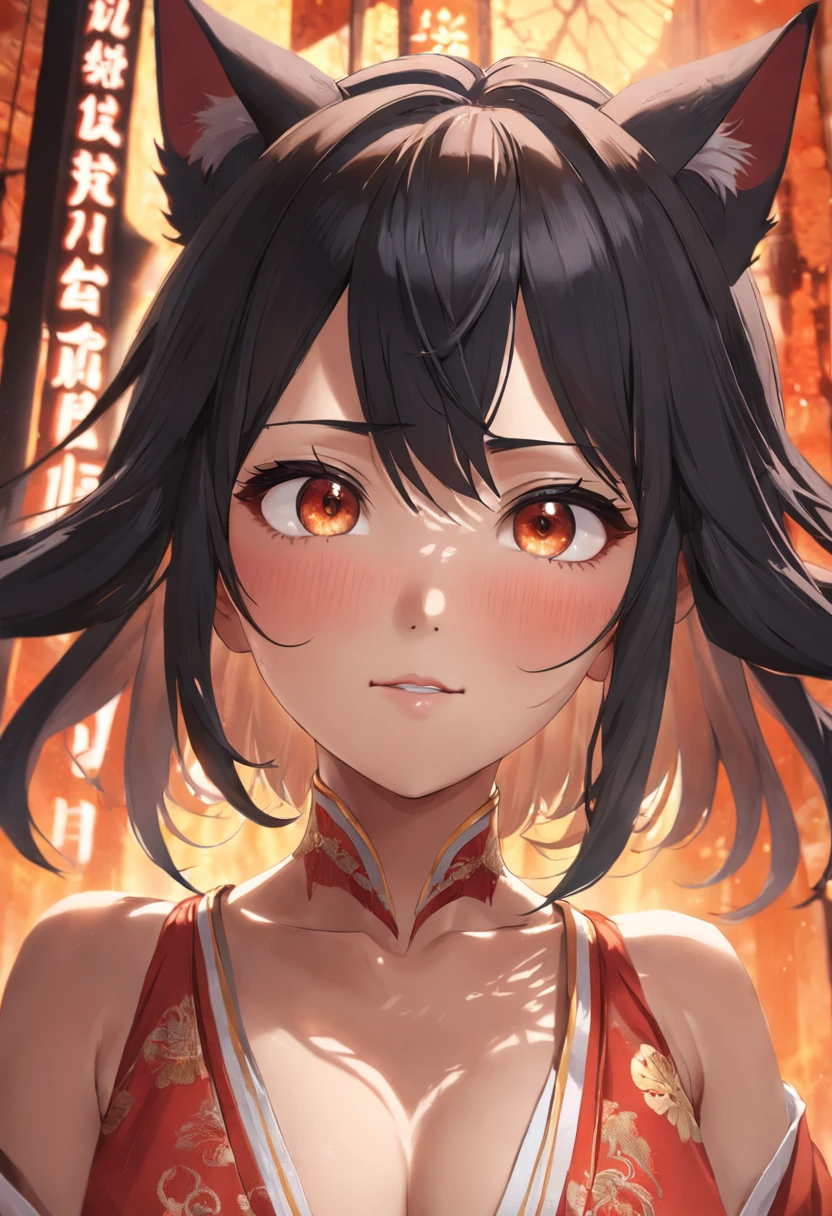 kitsune the japan, black woman on the right side, extremely detailed eyes and face, beautiful detailed nose, beautiful detailed eyes, light on face, looking at viewer, (1 female, mature face), realistic face, full lips, captivating smile, realistic body, (RAW photo, best quality), (realistic, photorealistic: 1.3), masterpiece, extremely beautiful, extremely detailed, CG, unity, 4k wallpaper, amazing, fine details, extremely detailed 8k CG unity wallpaper, size huge archival, ultra-detailed, high resolution, absurdities, soft light, wet dress, big round ass,