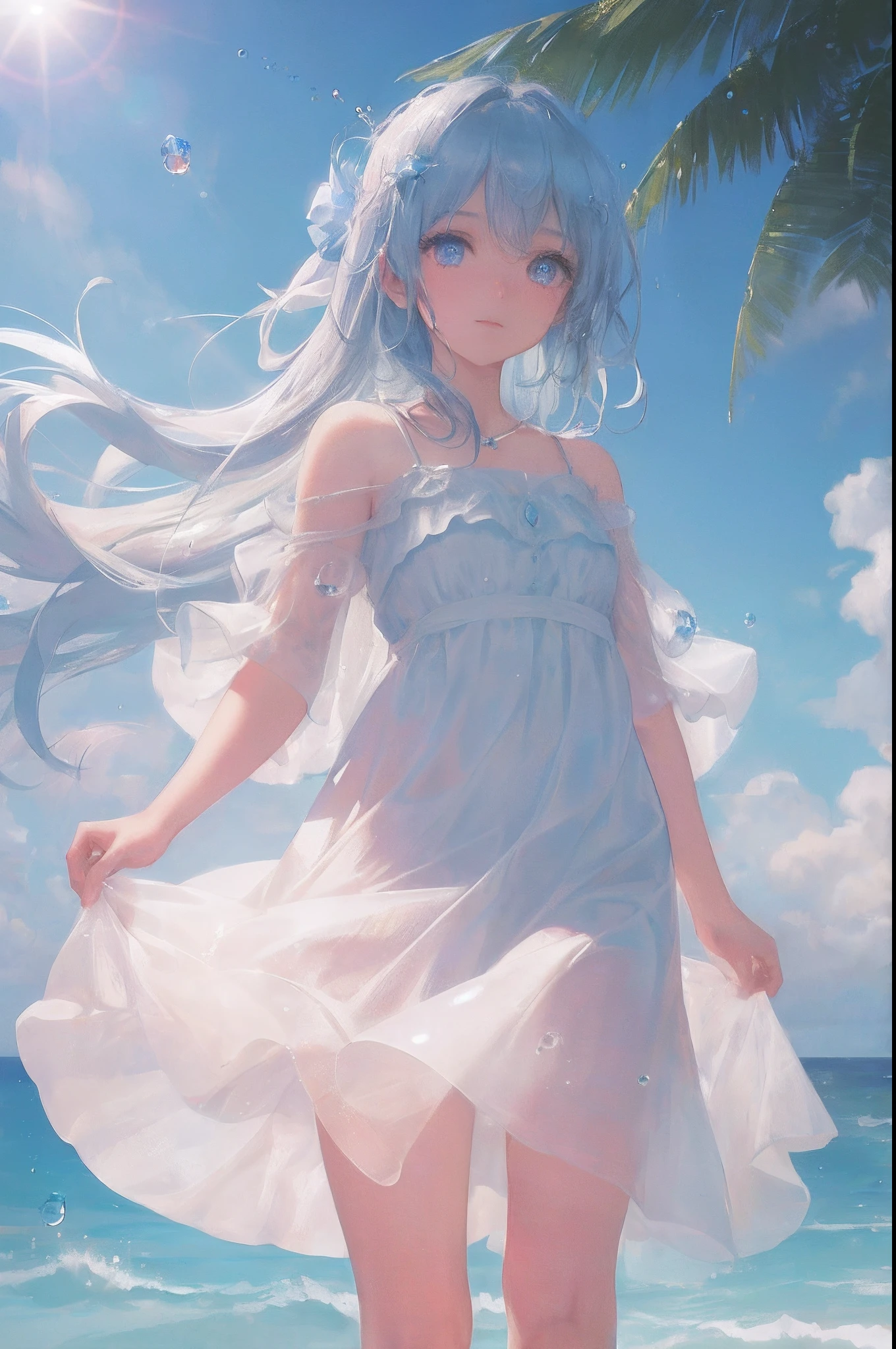 art by Cornflower, dreamy
(a girl who was petite and had beautiful detailed eyes. The depth of field in the photo was perfect, and the lens flare added a nice touch. The finely detailed features of her face really stood out, and the score for this photo was definitely greater than 10. In the background, there was a beautiful ocean with crystal clear water and water droplets on the surface. It was a stunning photo that really captured the beauty of the girl and the water.)