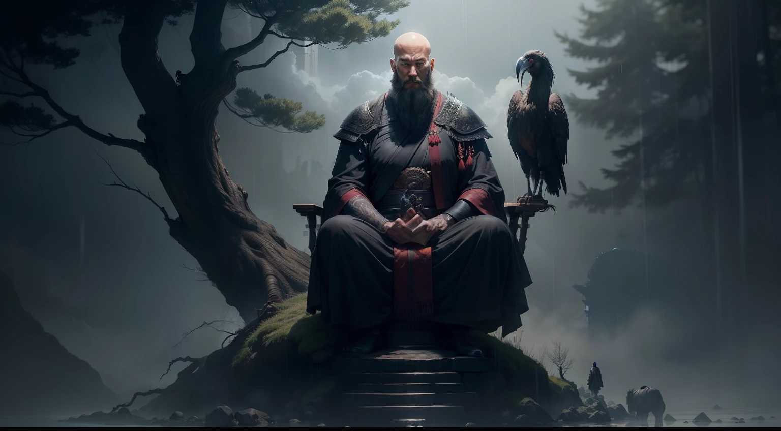 there is a very old Buddhist monk meditate below a dead tree with a big vulture on his shoulder, long beard, dark night, rain, a horseman on a big horse made of shadow as background, dark, misteryous, concept art of a monk, monk meditate, zen méditation cyberpunk, inspired by Eizō Katō, 4k concept art and hyper realism, emotional concept art, ancient japanese monk, inspired by Kanō Hōgai, inspired by Shen Quan