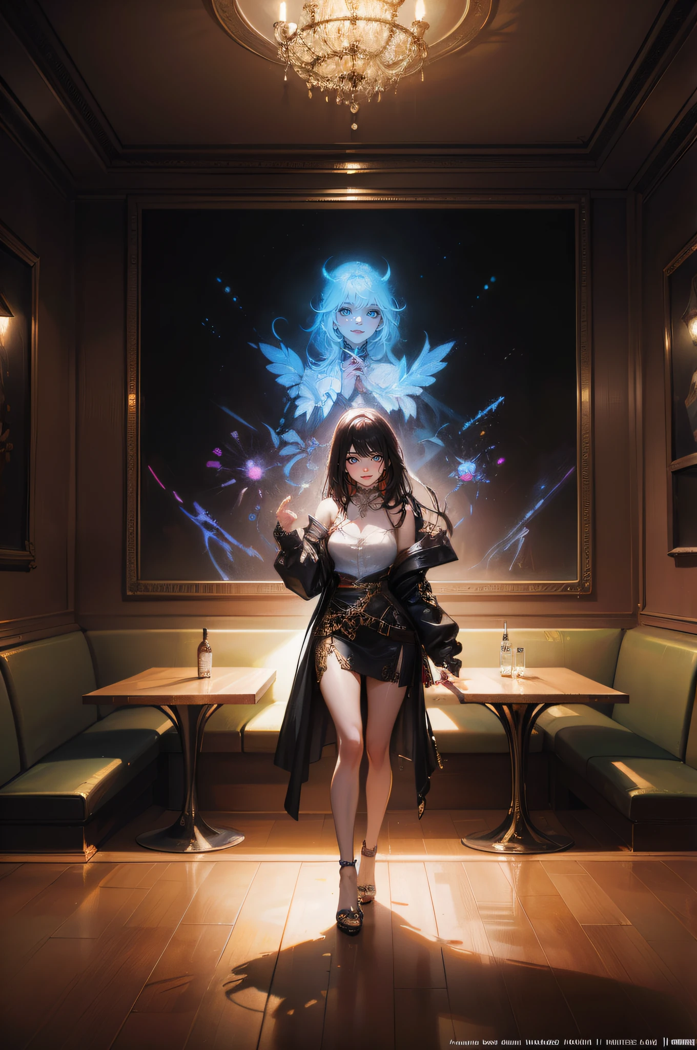 portrait, girl in champagne color trendy urban clothes in a bar, 16yo, long messy hair, smiling, Full body, Beautiful anime waifu style girl, hyperdetailed painting, luminism, art by Carne Griffiths and Wadim Kashin concept art, 4k resolution, fractal isometrics details bioluminescence , 3d render, octane render, intricately detailed , cinematic, trending on artstation Isometric Centered hyperrealistic cover photo awesome full color, hand drawn , gritty, realistic mucha , hit definition , cinematic, on paper, ethereal background, abstract beauty,stand, approaching perfection, pure form, golden ratio, minimalistic, unfinished, concept art, by Brian Froud and Carne Griffiths and Wadim Kashin and John William Waterhouse, intricate details, 8k post production, high resolution, hyperdetailed, trending on artstation, sharp focus, studio photo, intricate details, highly detailed, by greg rutkowski