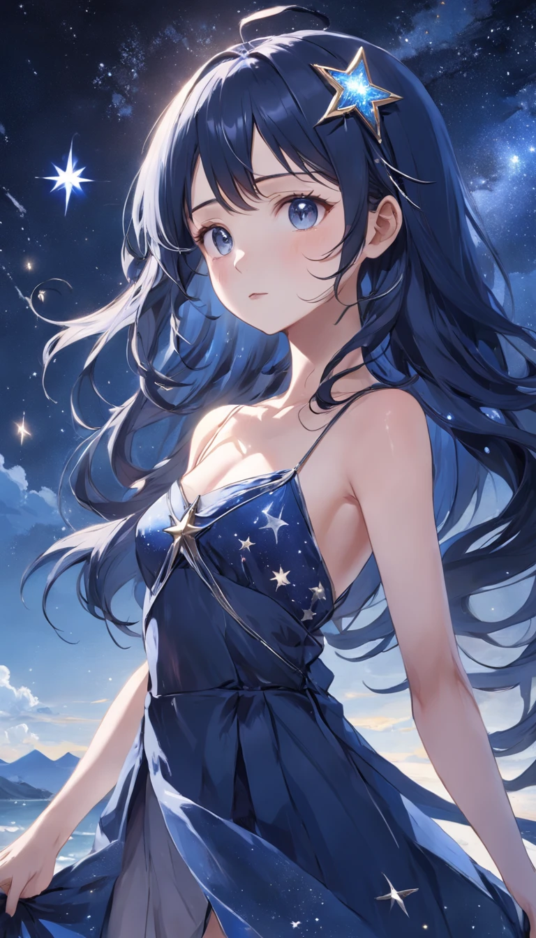 She has a waist-length blue-black hair, which is as deep and charming as the night sky. Wearing a silver star hairpin on his head, the hairpin is inlaid with small broken diamonds, shining brightly in the sun. Her eyes are deep indigo, as if they contain the whole starry sky. The skin is as white as moonlight. She is wearing a dark blue starry dress, which is dotted with countless silver stars, some of which glow quietly, while others flow slowly, just like the real starry sky. The skirt is as fluffy and elegant as a nebula. She is barefoot. Masterpiece, 4K, best quality, full body.