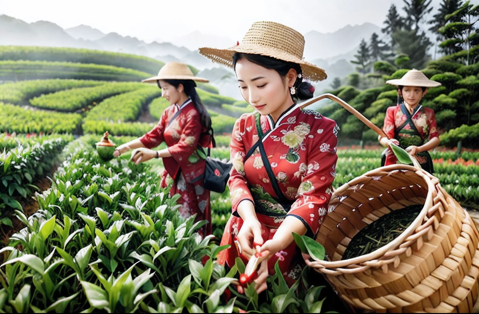 Alfid woman picking tea leaves in a tea plantation, China harvests, Chinese farmer, Chinese traditional, Rural tourism in China, assam tea garden setting, Background: assam tea garden, trending photo, sichuan, Hangzhou, Uptrend ，, traditional japanese, Green tea, jin shan, tending on arstation, mu pan, 💣 💥💣 💥, gardening