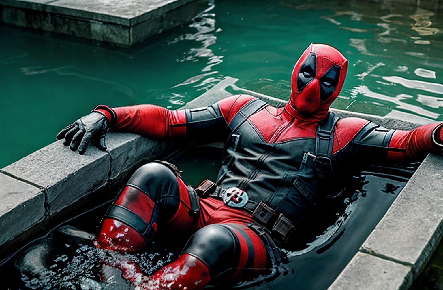 Dead pool, dead in a pool of scull’s, sculls, scull, blood, bloody water, realistic, concept art, 4k