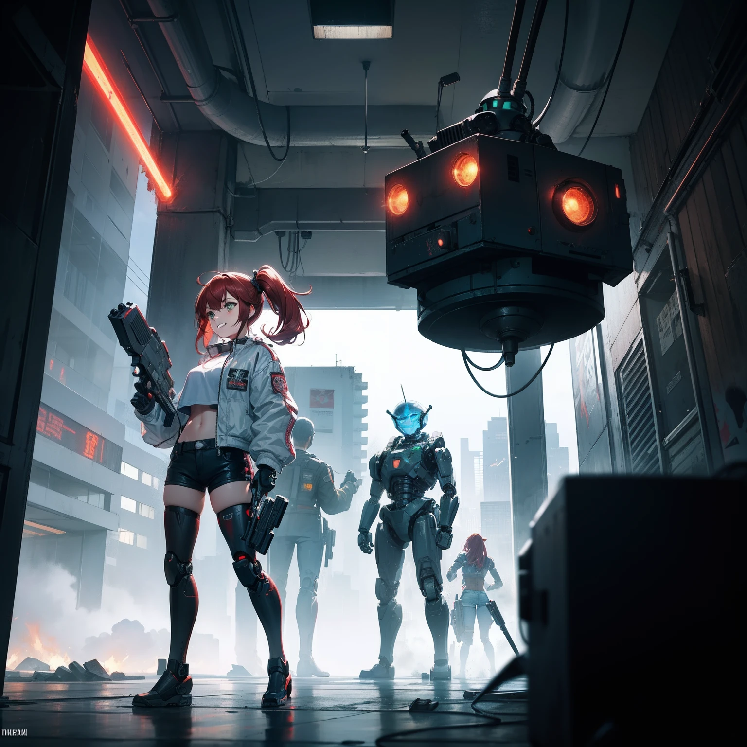 Full body shot, {(The girl)} and {(The robot)}。{(The girl) has red hair and two ponytails and green eyes,Wearing a bomber jacket、Crop top and denim shorts,Armed with a laser rifle, The girl stood with a laser rifle in hand shooting the laser rifle }。{(The robot) has a metal head,Silver and metallic body,Didn't wear any clothes, lying down, face down, dead with smoke rising from body},smile, grin, happy, holding laser rifle, shooting, shooting the laser rifle,guns blazing, guns flaring, rapid fire, exploisions, explodes, kill robot, kill robot, kill robot, destroy robot, robot attack, robot attack, robot pounce, robot lunge, robot attack, robot exterminate, terminator robot attack, dead robot, dead robot, broken robot, malfunctioning robot, dead robot, destroyed robot, robot remains, robot broken into several parts, {{{cyberpunk city warzone}}}, cinematic lighting, 200 mm, in cyberpunk city, frontal shot, side profile shot, rear shot, back shot, behind shot, full body shot, masterpiece, highly detailed