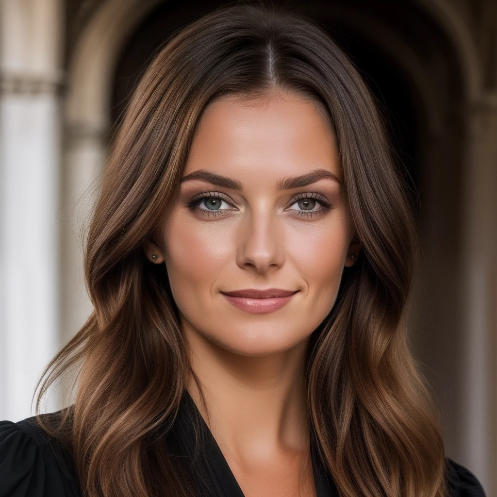braune Frau mit braunen Augen, kein modell, Smiling, schloss, luxus, fit, schulterlanges braune haare, braune haare braune augen, Keine Nahaufnahme, lange braune Haare und braune Augen, ohne Augenbrauen