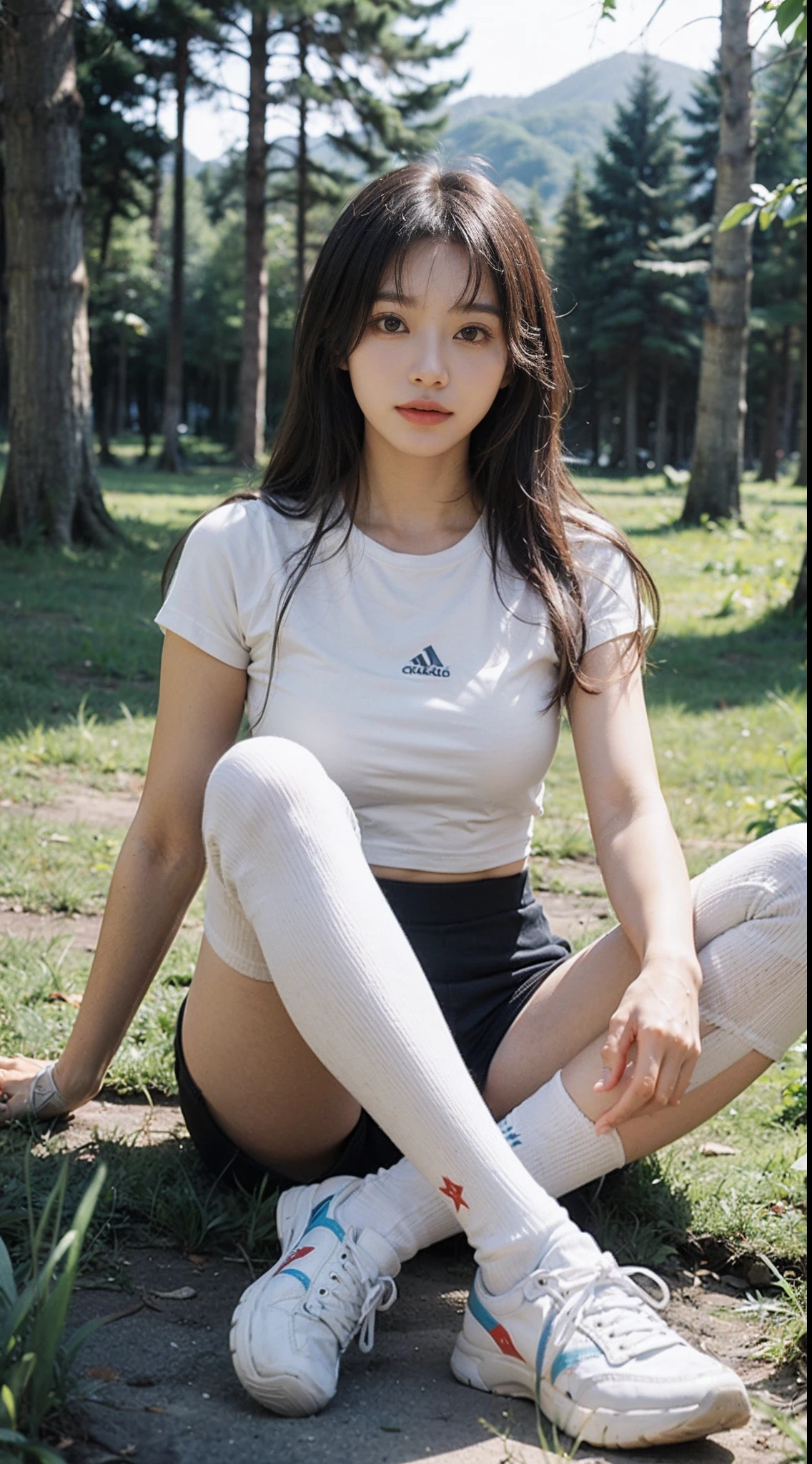 (8K,tmasterpiece,RAW photos,best qualtiy,the detail:1.2),Korean female model，Height 175 cm，perfect bodies，Long legs，wavy and long hair，Wear a gym top and yoga shorts，at a forest，（（Pantyhose）），(Wearing sneakers+White sport socks)，Ray tracing