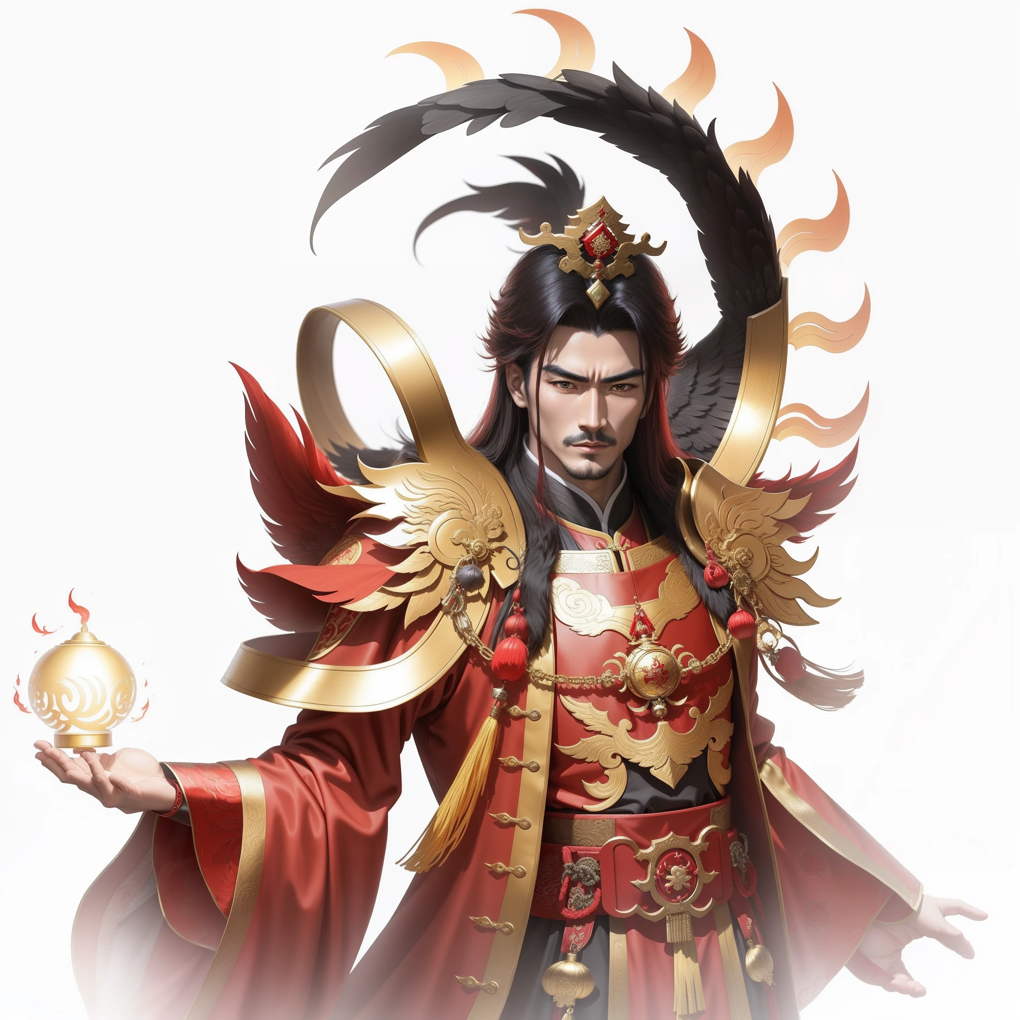 A man dressed in red and gold holds a Chaos Bell, Donghuang Taiyi,   xianxia hero, the god emperor of mankind, zhao yun, Great ancient deities，There is a three-legged golden crow on the chest，Square face，Flames surround