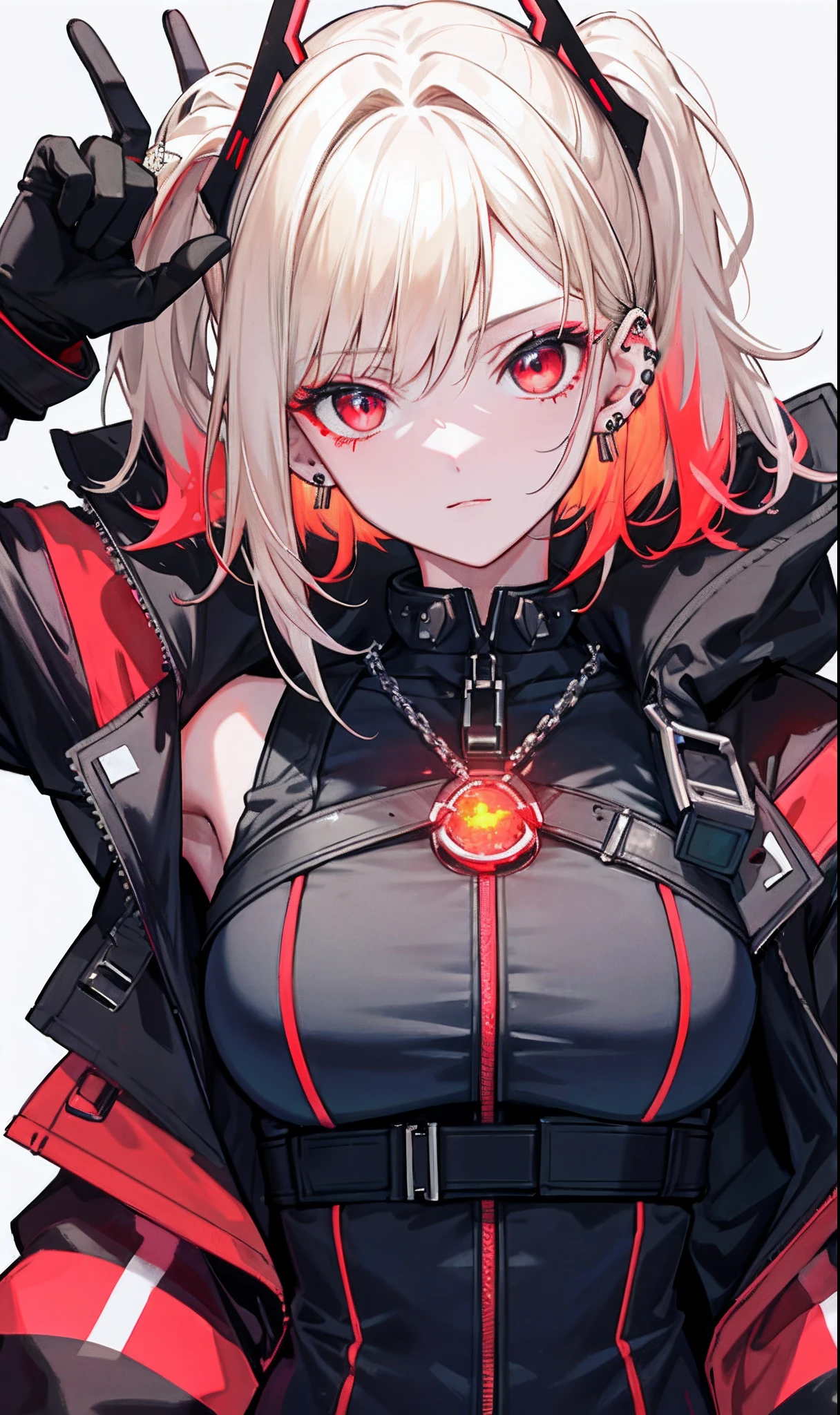 (tmasterpiece,Sideslit,Beautiful eyes:1.2),(tmasterpiece*sportrait),sportrait,busts,(busts),Lifelike,Anatomical correct,3D脸,luscious skin,(Solo),Blonde hair and pickaxe dyeing,Gradient hair,(closeup of face),Lovely face,(Fire opal-like scarlet eyes),Hanging eye corners,((highdetailskin,Visible pores)),(Perfect body),Beautiful cyberpunk girl,little breast,(()),((Storm jacket)),(ear studs),(Neck strap),very short gloves,(chain),(Laser material clothing:1.2)