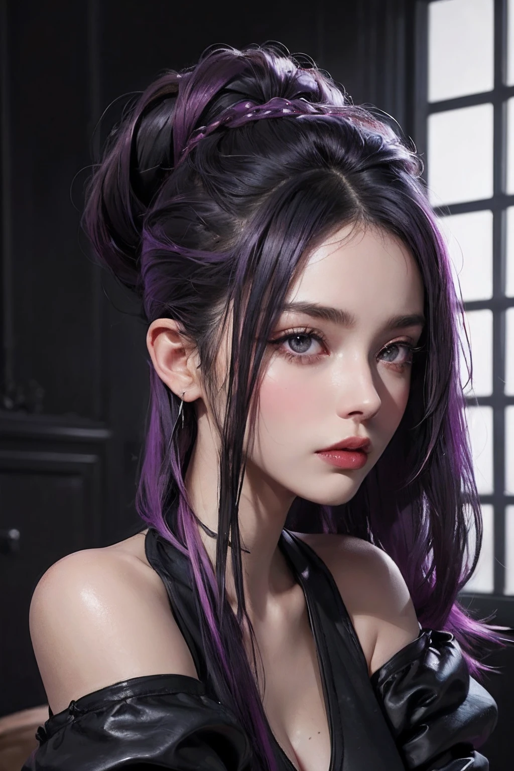 a seductive 20-year-old woman, lange schwarze haare, rote lippen, sexy gothic stil, (hi-top fade:1.3), dunkles Thema, soothing tones, dim colors, Hoher Kontrast, (natural skin texture, Hyperrealismus, Weiches Licht, scharf)
