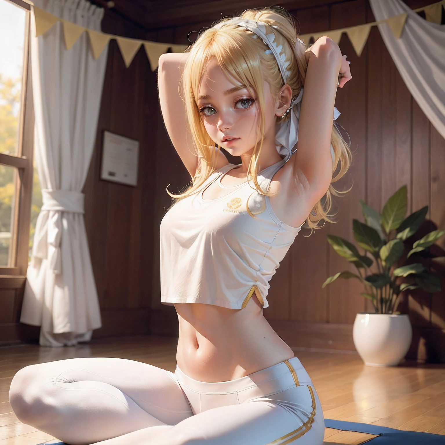 Golden hair,White yoga vest for upper body,White trousers at the bottom,s girl,White skin,yoga pose,White garland,