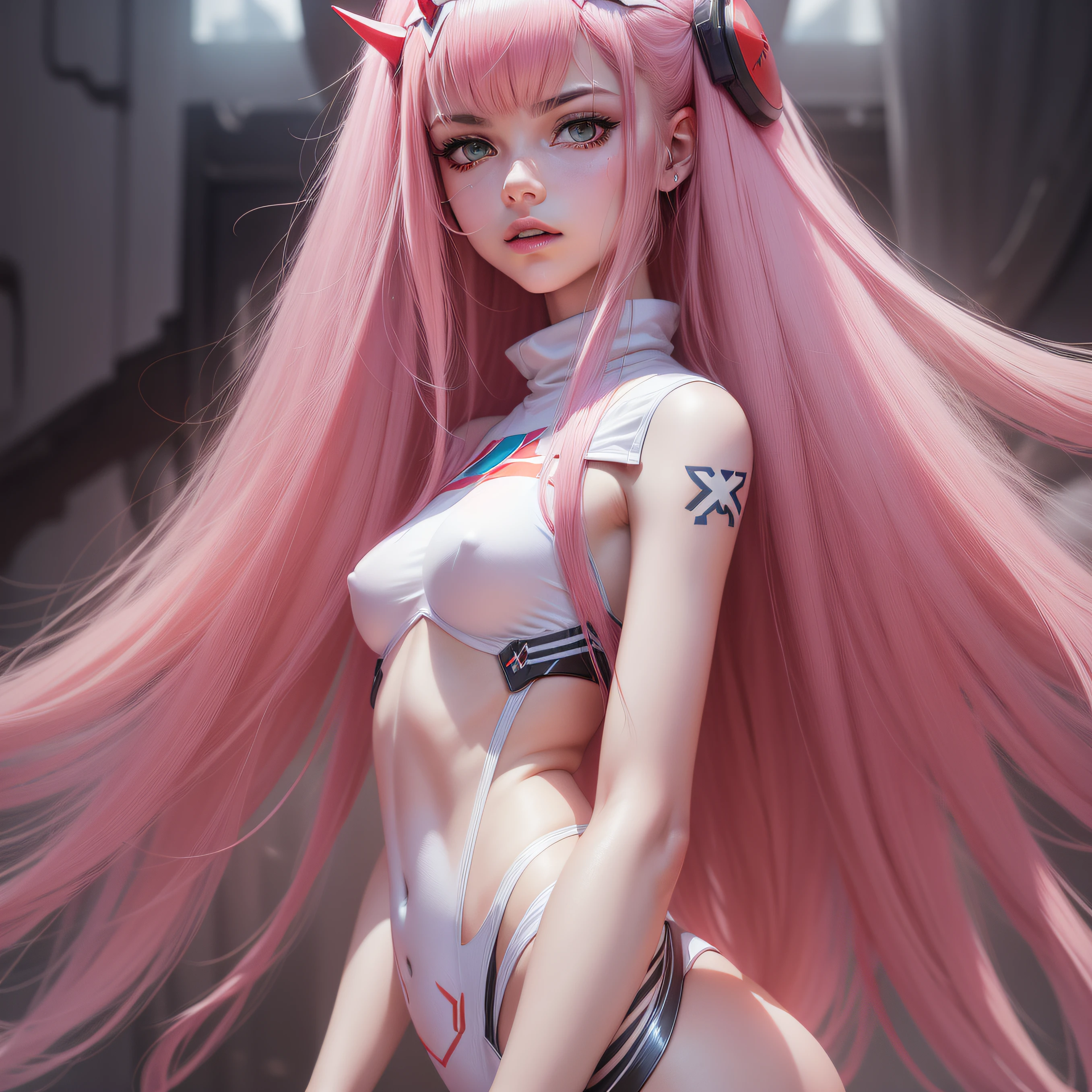 ((Zero Two Darling en el Franxx)), 8k, Obra maestra, La mejor calidad, fotorrealista, Ultra detallado, 1 girl, textura realista de la piel, senos grandes, (((We see her small, round ass))), Mira hacia el espectador, , Camiseta suelta de medio corte,, Underboobs, debajo de los senos, Micro mini falda, , movie lighting, Enfoque facial, Ojos finos, Cara detallada, Cara bien iluminada, Rayos de sol, Bailar en un ambiente ciberpunk, Low-angle shot, Vista desde abajo