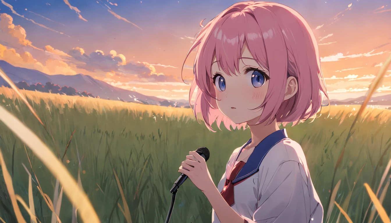 ​masterpiece、top-quality、Movie stills、1girl in、animesque、pink there　Shorthair、singers、illustratio、neat and clean clothes、microphone、headphones、kawaii、Large grasslands、the setting sun（Spark：0.7）
