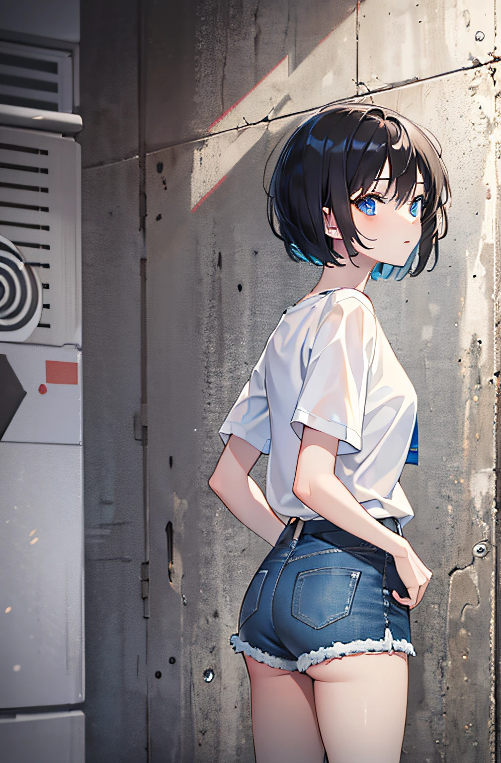 1 girl, short black hair, blue eyes, wearing a simple white shirt, denim shorts, city, absurd, high resolution, ultra sharp, 8K, masterpiece, watching the viewer