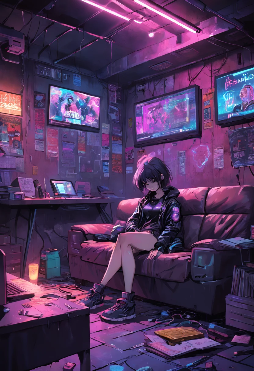 graphic novel illustration, In the cyberpunk basement, Cyberpunk era, Dark and underground, Poor neon lighting. It has a battered leather sofa and a table, Um menino usa o laptop. Grafite cyberpunk e cartaz de banda punk na parede, dystopic, Illuminations, em 5.2, Style reputation, ar 16:9, Efeito vidro quebrado, sem antecedentes, atordoante, algo que nem existe, Wonderful presence, energia, molecular, Texturing, Cores iridescentes e escamas brilhantes, breathtaking beauty, pure perfection, Divine Presence, unforgettable, impressionante, breathtaking beauty, light volumetric, tem clivagem, raios, Reflexos de cores vivas