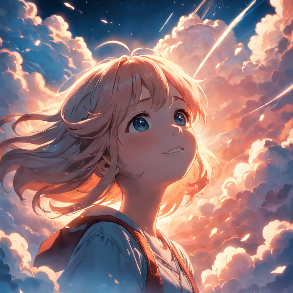 masterpiece, best quality, movie still, 1girl, cloud girl, floating in the sky, close-up, bright, happy, warm soft lighting, sunset, (sparks:0.7)